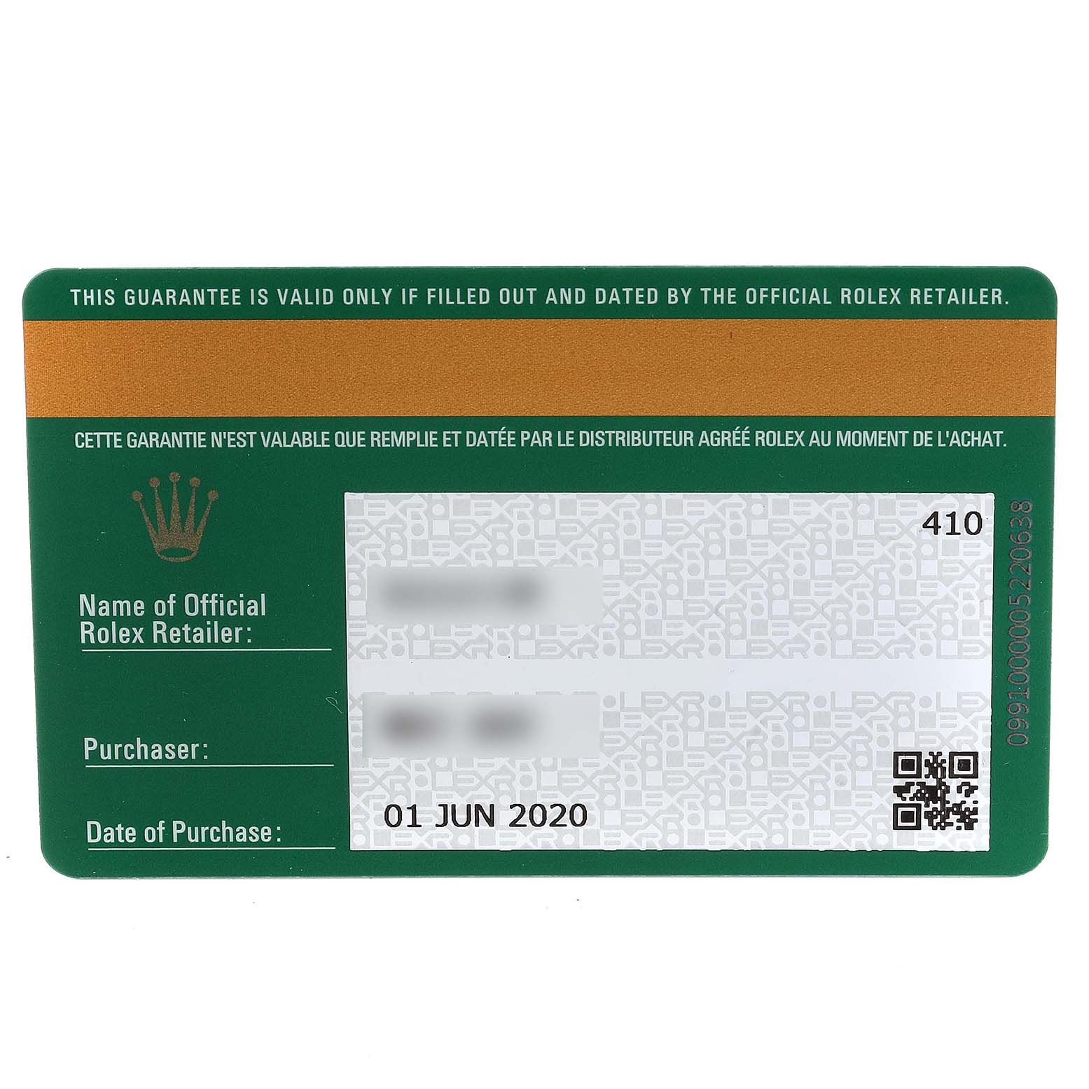 The image shows a warranty card for the Rolex Datejust 41 126333 Men's Steel and Gold (two tone) Grey Dial 126333 Men's Steel and Gold (two tone) Grey Dial watch, highlighting the official retailer, purchaser details, and date of purchase.