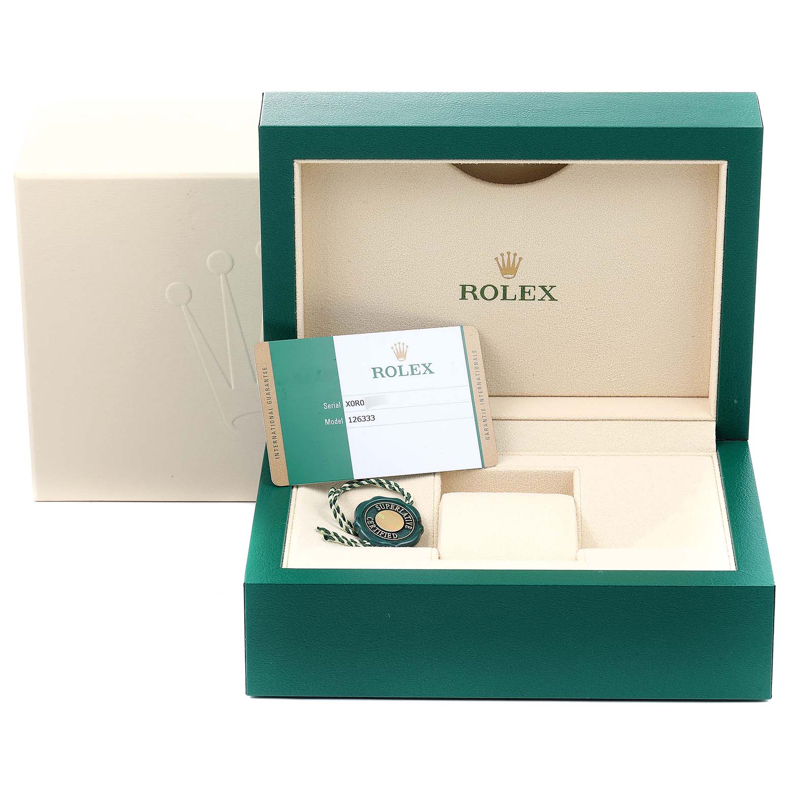The image shows the open box and accessories, including tags, of a Rolex Datejust 41 126333 Men's Steel and Gold (two tone) Grey Dial 126333 Men's Steel and Gold (two tone) Grey Dial model, emphasizing its packaging and labels.