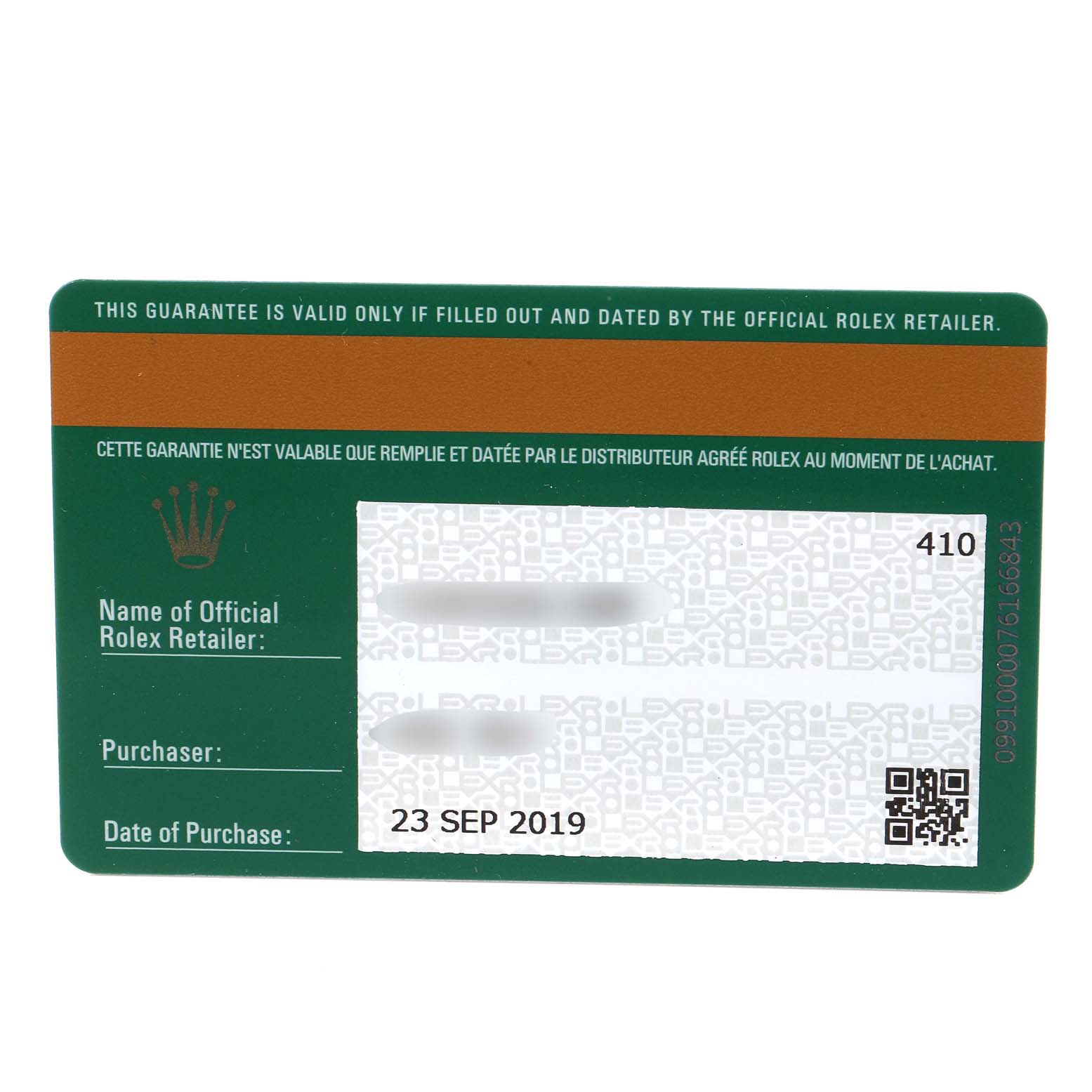 The image shows the official guarantee card for the Rolex Datejust 41 126333 Men
s Steel and Gold (two tone) Grey Dial 126333 Men
s Steel and Gold (two tone) Grey Dial watch, with purchase details blurred.