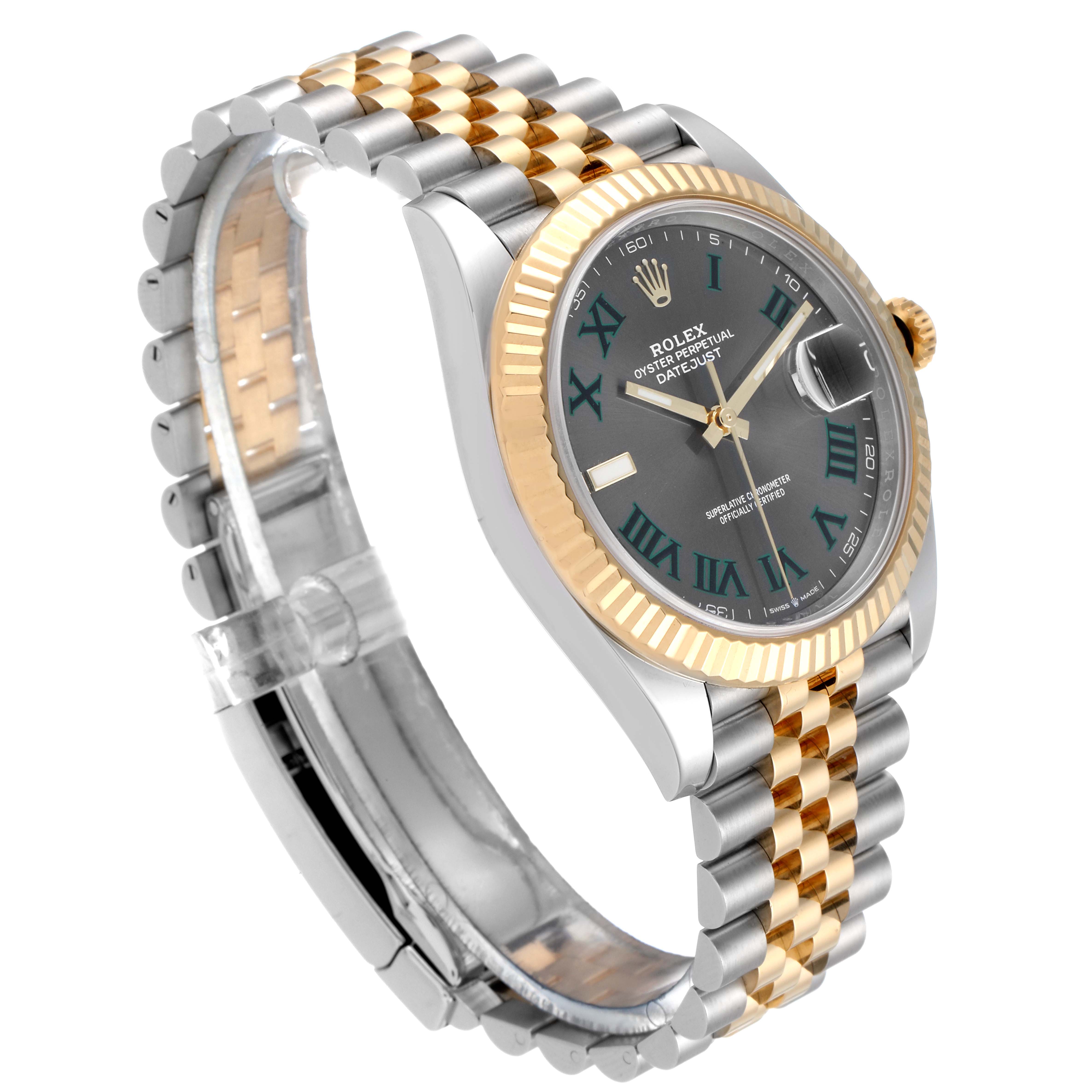 This image shows the Rolex Datejust 41 126333 Men
s Steel and Gold (two tone) Grey Dial 126333 Men
s Steel and Gold (two tone) Grey Dial model watch from a side angle, highlighting its two-tone bracelet, bezel, and face.