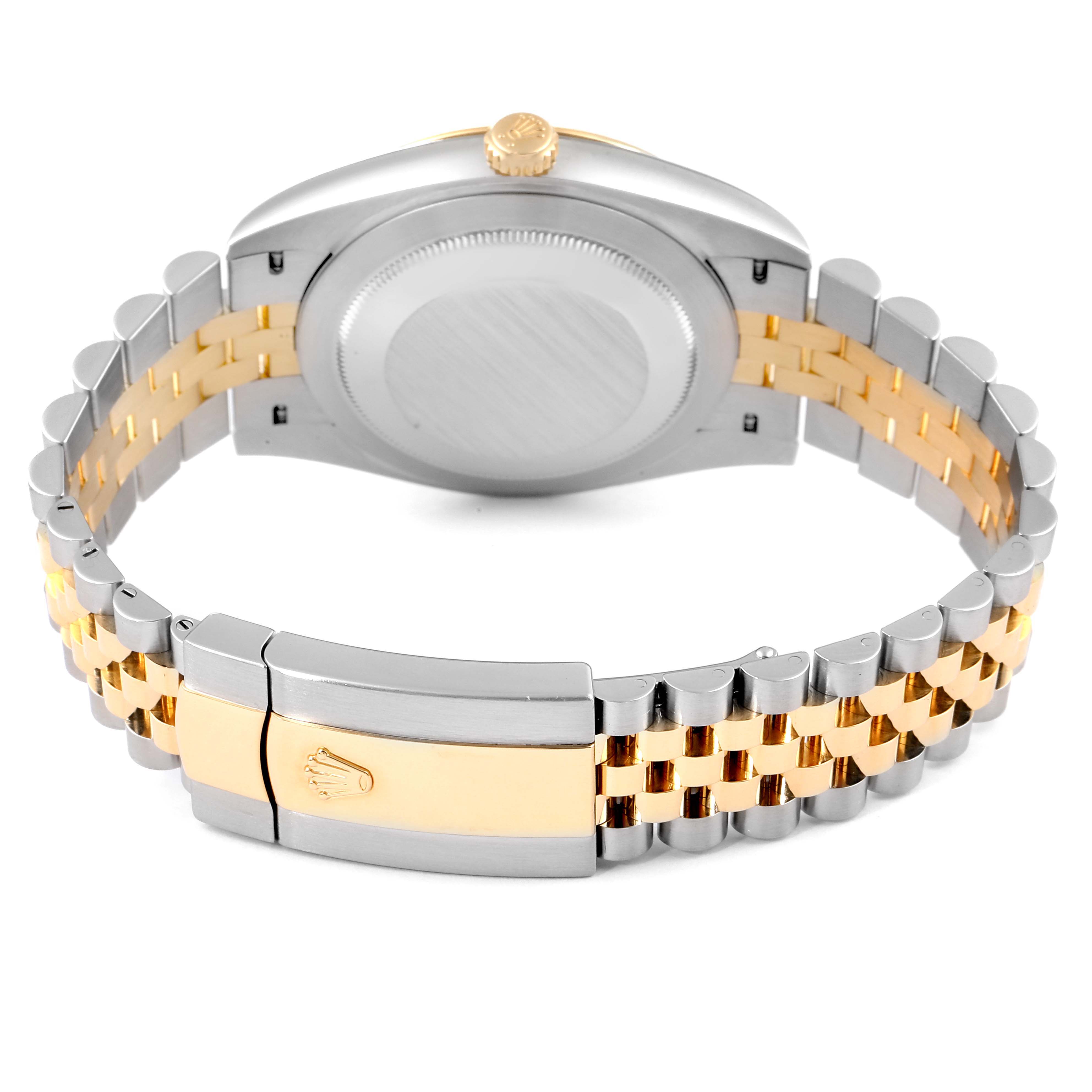 This image shows the back of the Rolex Datejust 41 126333 Men
s Steel and Gold (two tone) Grey Dial 126333 Men
s Steel and Gold (two tone) Grey Dial watch, highlighting its bi-metal bracelet and clasp.