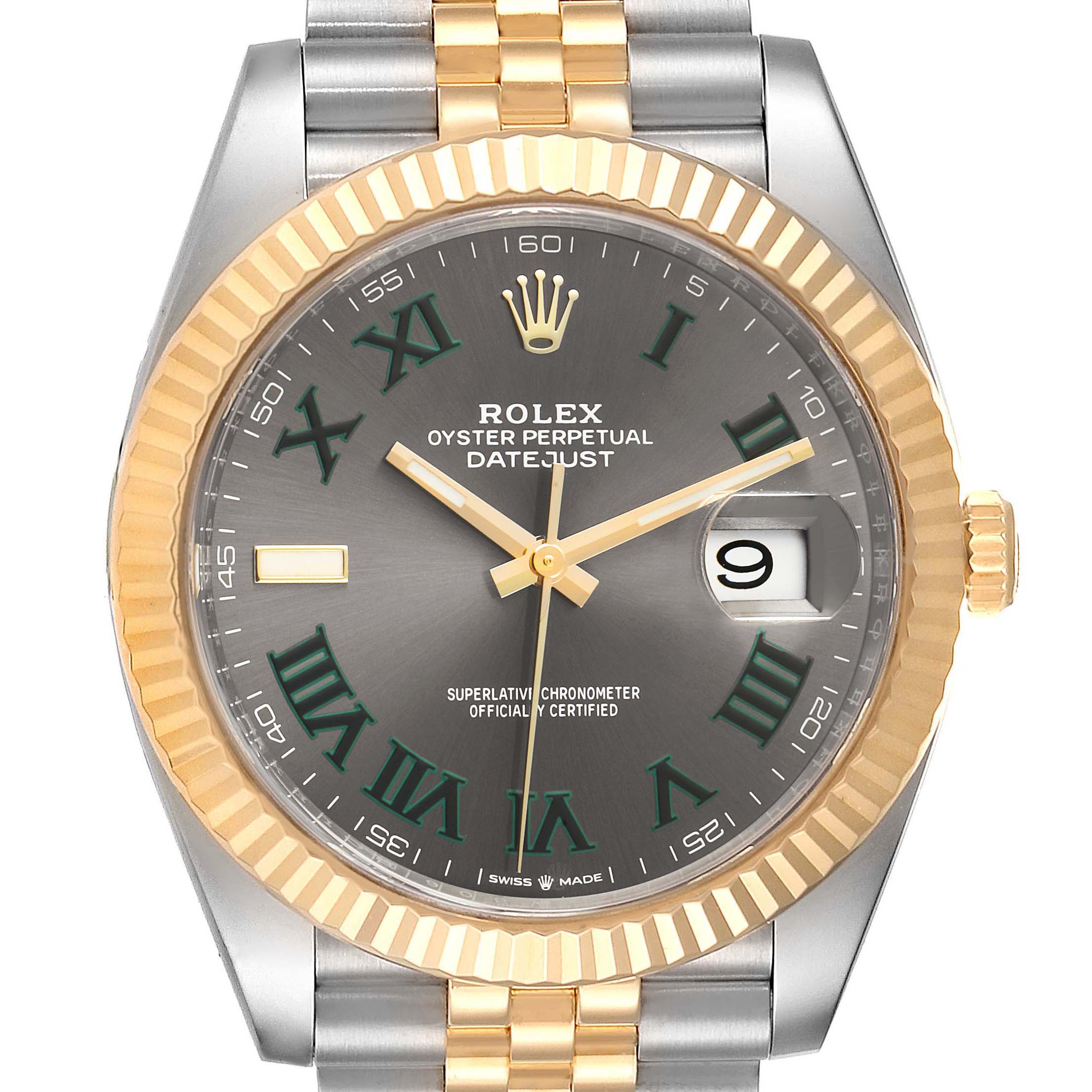 This image shows a frontal view of the Rolex Datejust 41 126333 Men
s Steel and Gold (two tone) Grey Dial 126333 Men
s Steel and Gold (two tone) Grey Dial watch, featuring its dial, bezel, and bracelet.