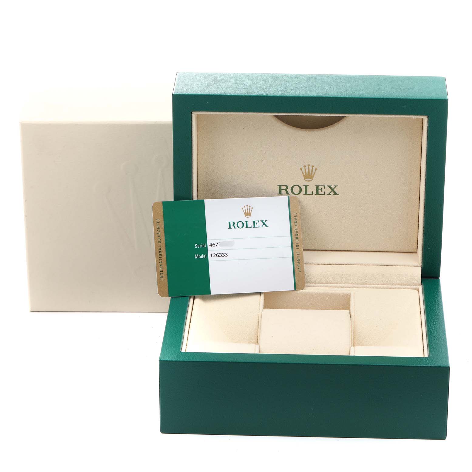 The image shows an open Rolex Datejust 41 126333 Men
s Steel and Gold (two tone) Grey Dial 126333 Men
s Steel and Gold (two tone) Grey Dial model box, with a green and white warranty card displayed inside.