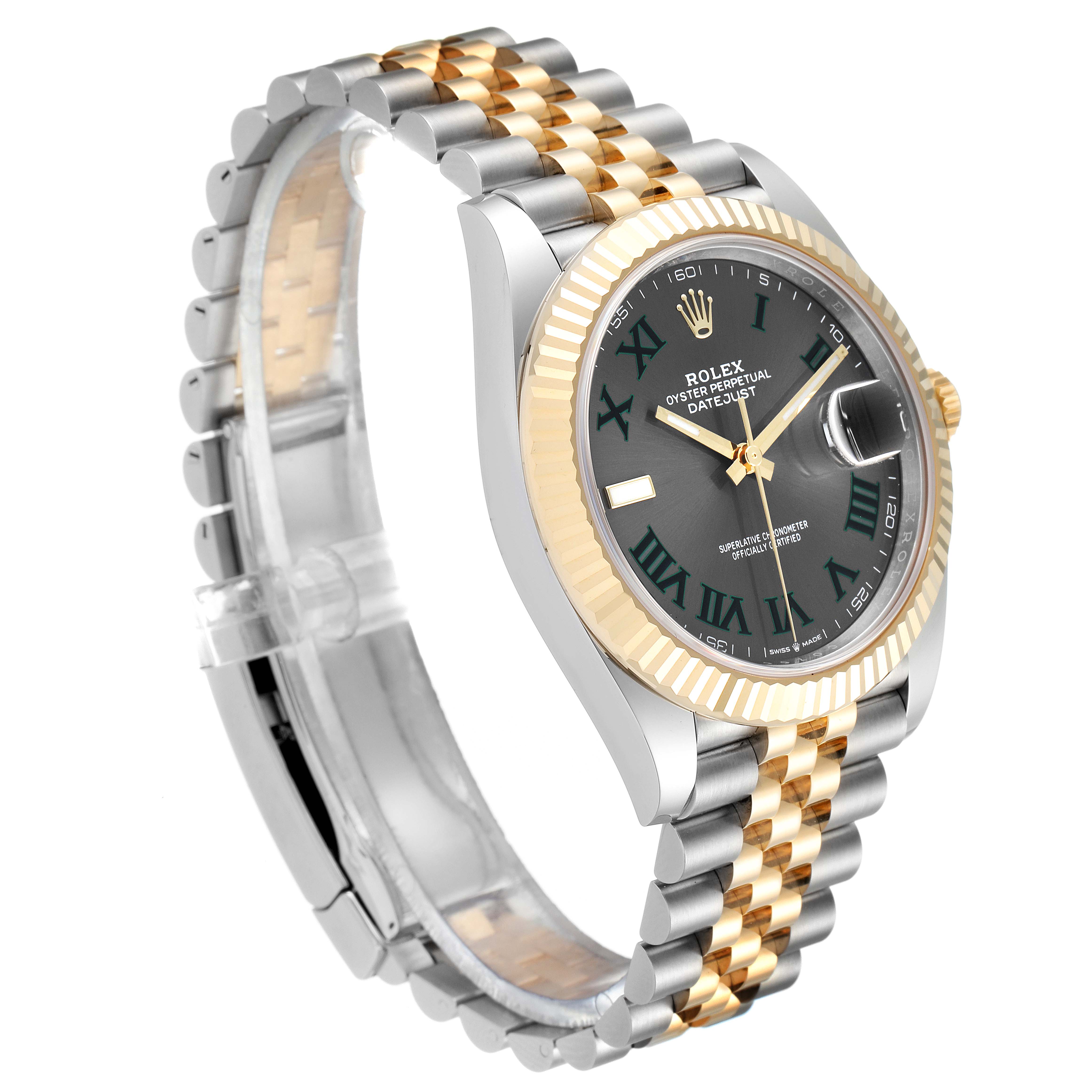 This image shows the Rolex Datejust 41 126333 Men
s Steel and Gold (two tone) Grey Dial 126333 Men
s Steel and Gold (two tone) Grey Dial model at an angle displaying the watch face, bezel, and two-tone bracelet.