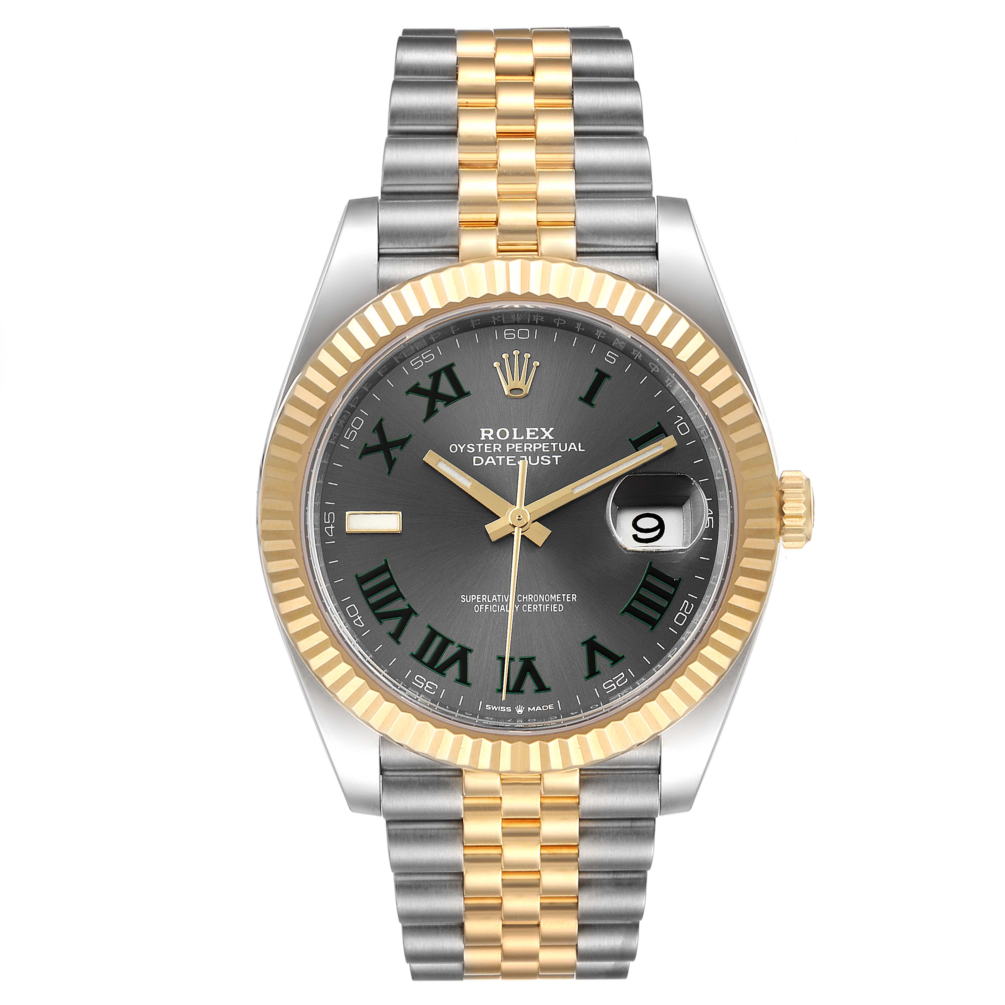 The image shows a frontal view of the Rolex Datejust 41 126333 Men
s Steel and Gold (two tone) Grey Dial 126333 Men
s Steel and Gold (two tone) Grey Dial watch, featuring a two-tone bracelet and gold fluted bezel.