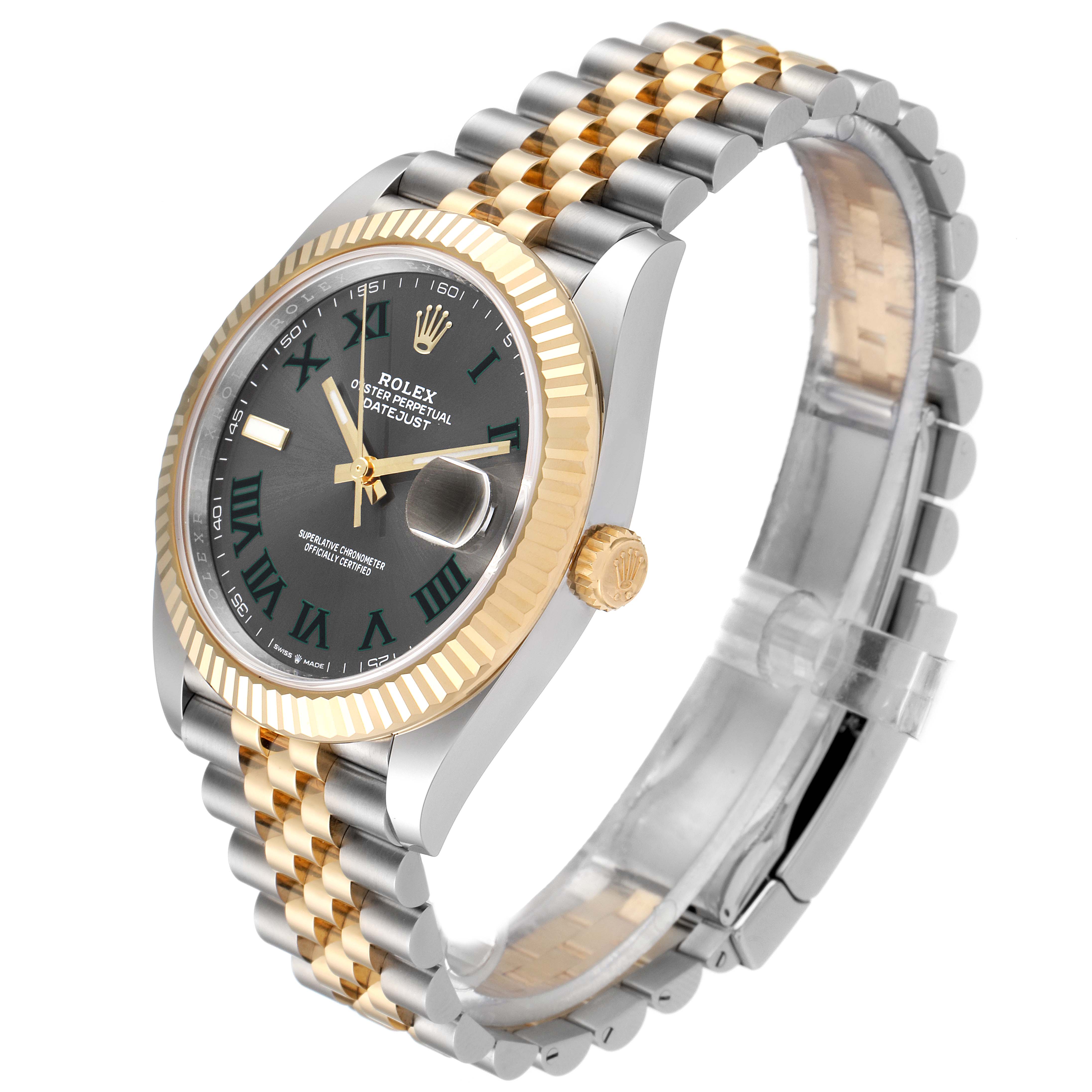The image shows a Rolex Datejust 41 126333 Men
s Steel and Gold (two tone) Grey Dial 126333 Men
s Steel and Gold (two tone) Grey Dial watch at an angle, highlighting its face, bezel, crown, and Jubilee bracelet.