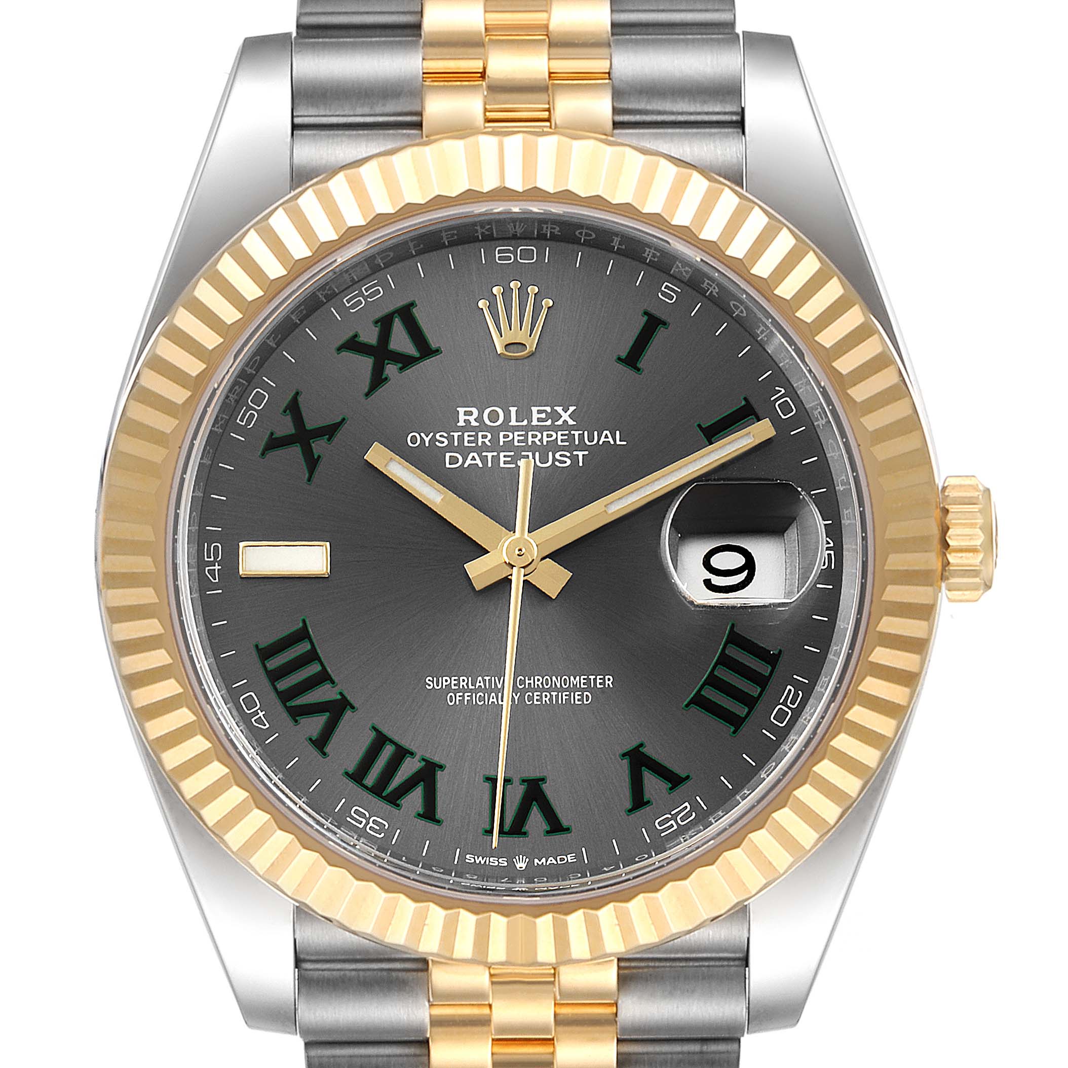 The image shows a Rolex Datejust 41 126333 Men
s Steel and Gold (two tone) Grey Dial 126333 Men
s Steel and Gold (two tone) Grey Dial watch from a front angle, displaying the dial, bezel, crown, and part of the bracelet.