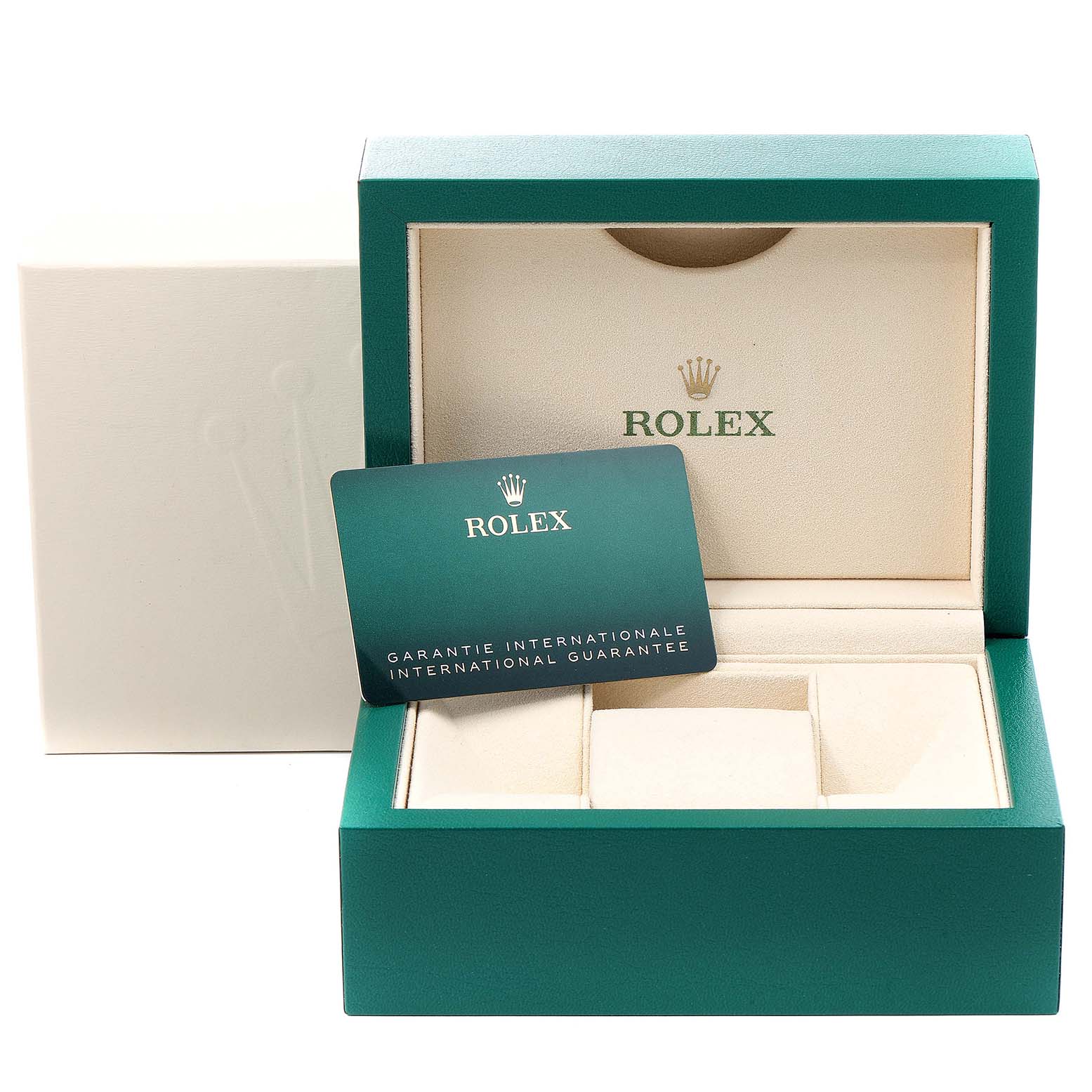 The image shows the Rolex Datejust 41 126333 Men
s Steel and Gold (two tone) Grey Dial 126333 Men
s Steel and Gold (two tone) Grey Dial model
s open green box with an international guarantee card inside.