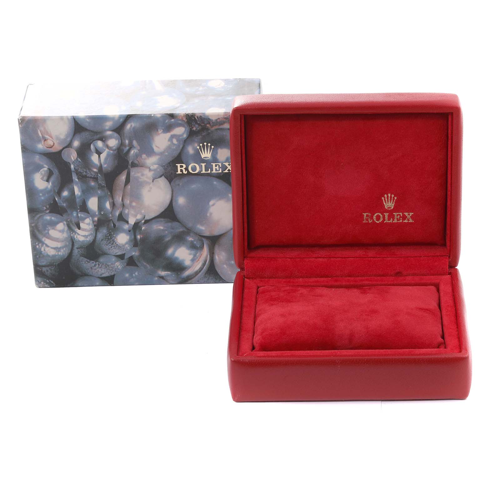 The image shows an open red Rolex watch box with "Rolex" branding and an outer decorative box from a Datejust model by Rolex.