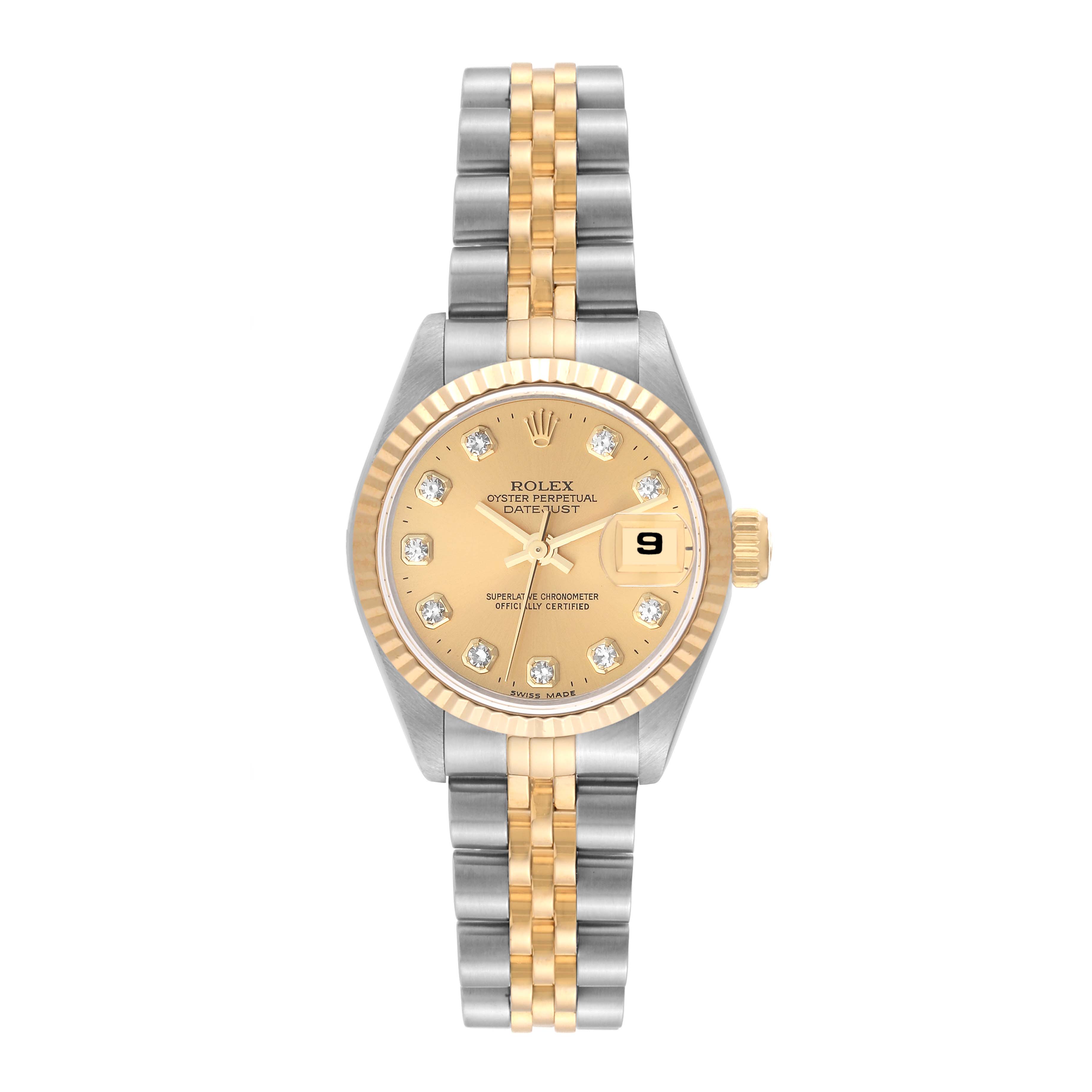 The image shows a Rolex Datejust 69173 Women's Steel and Gold (two tone) Champagne Dial 69173 Women's Steel and Gold (two tone) Champagne Dial watch from a front angle, displaying its dial, bezel, crown, and jubilee bracelet.