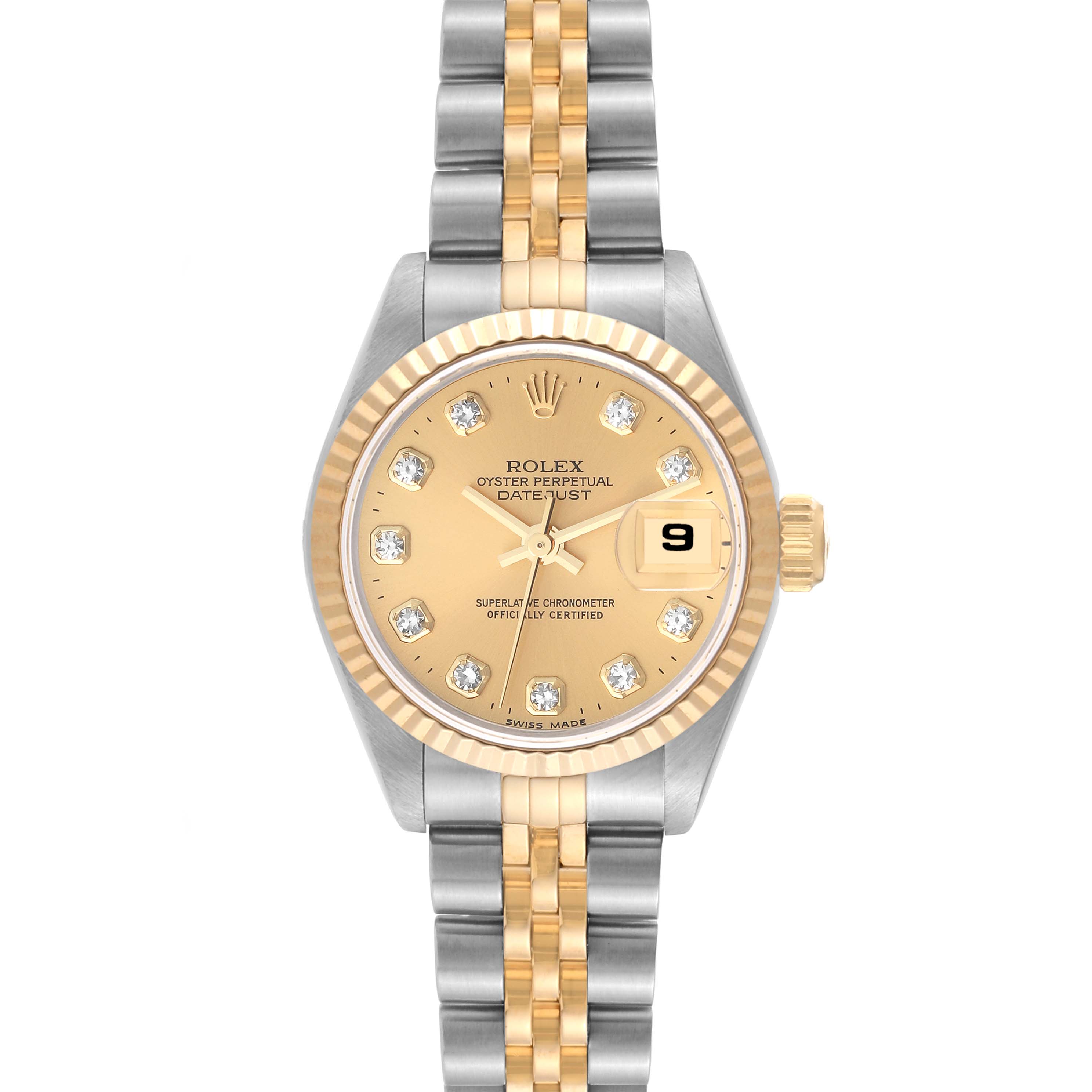 The image shows a front view of a Rolex Datejust 69173 Women's Steel and Gold (two tone) Champagne Dial 69173 Women's Steel and Gold (two tone) Champagne Dial watch, highlighting its dial, bezel, and two-tone bracelet.