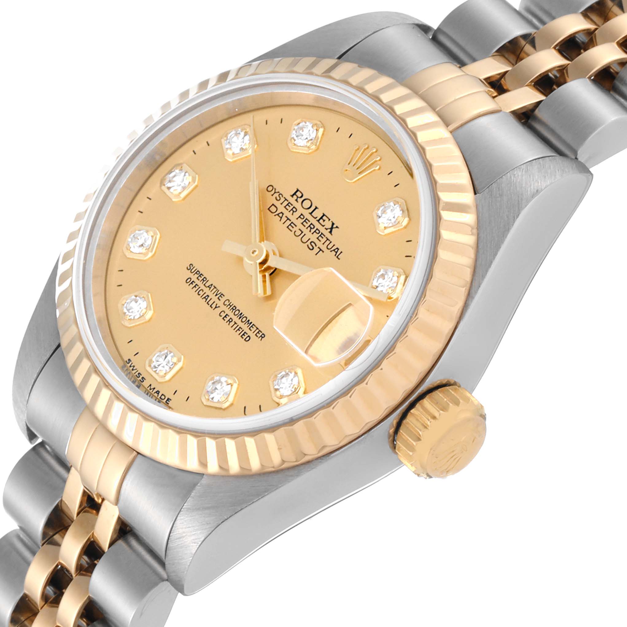 The image shows a close-up angle of a Rolex Datejust 69173 Women's Steel and Gold (two tone) Champagne Dial 69173 Women's Steel and Gold (two tone) Champagne Dial watch highlighting the dial, crown, and part of the bracelet.