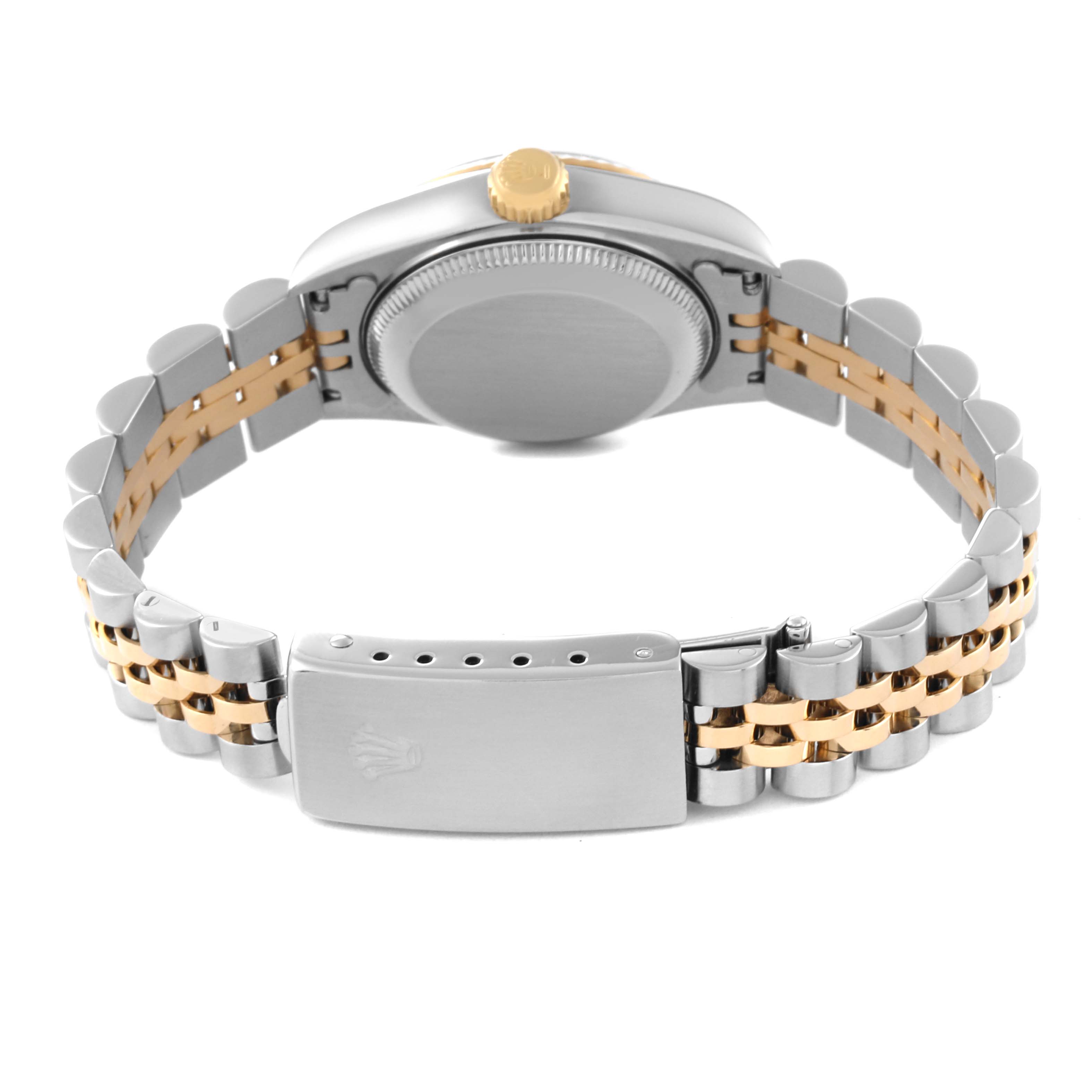 This image shows the back view of a Rolex Datejust 69173 Women's Steel and Gold (two tone) Champagne Dial 69173 Women's Steel and Gold (two tone) Champagne Dial watch, highlighting the case back, crown, and two-tone bracelet with a clasp.