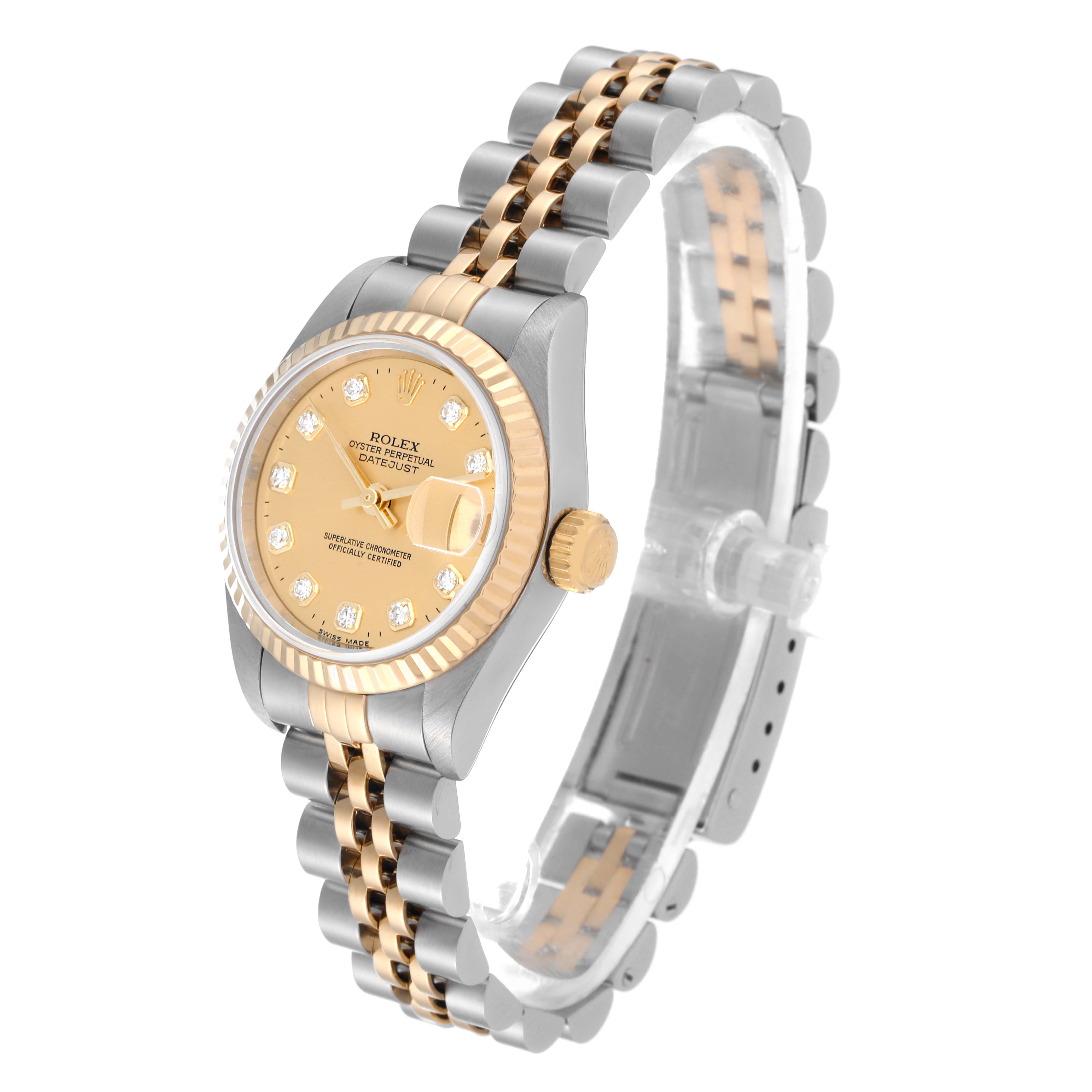 The Rolex Datejust 69173 Women's Steel and Gold (two tone) Champagne Dial 69173 Women's Steel and Gold (two tone) Champagne Dial watch is shown at an angled view, displaying its dial, bezel, crown, and two-tone bracelet.