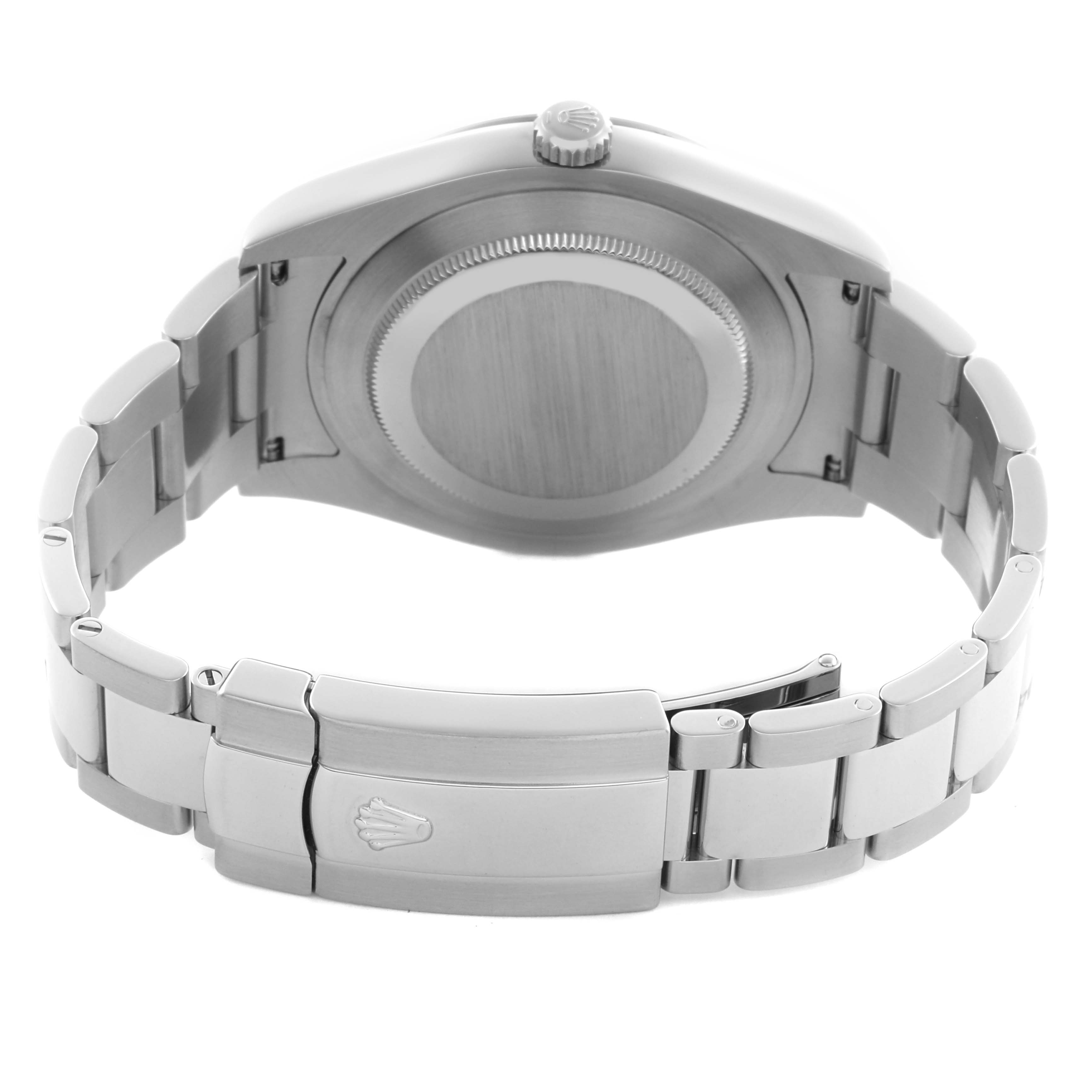 The image shows the back view of a Rolex Datejust 41 116334 Men's Stainless Steel Silver Dial 116334 Men's Stainless Steel Silver Dial, highlighting the closed bracelet and clasp.