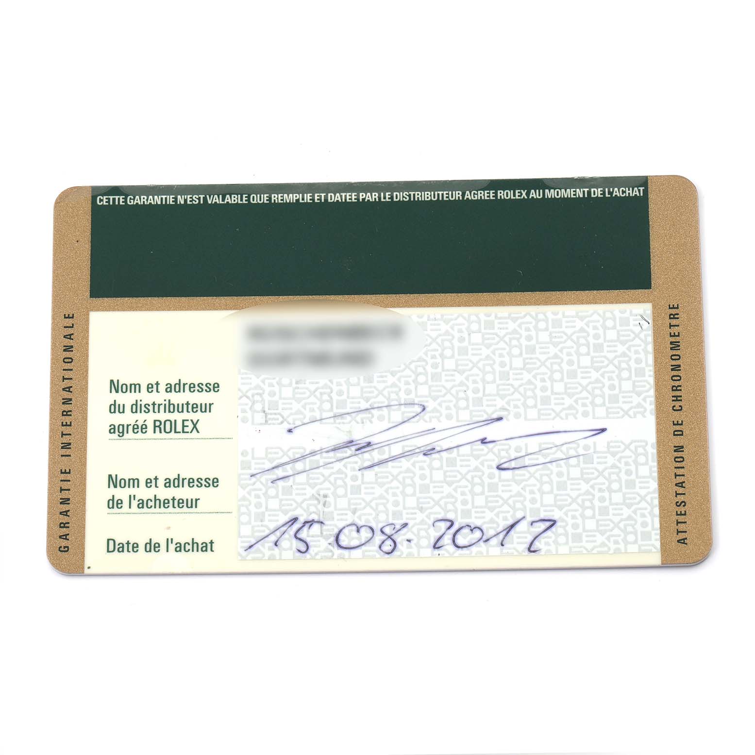 The image shows the warranty card for the Rolex Datejust 41 116334 Men's Stainless Steel Silver Dial 116334 Men's Stainless Steel Silver Dial, featuring purchase details and the brand's logo.