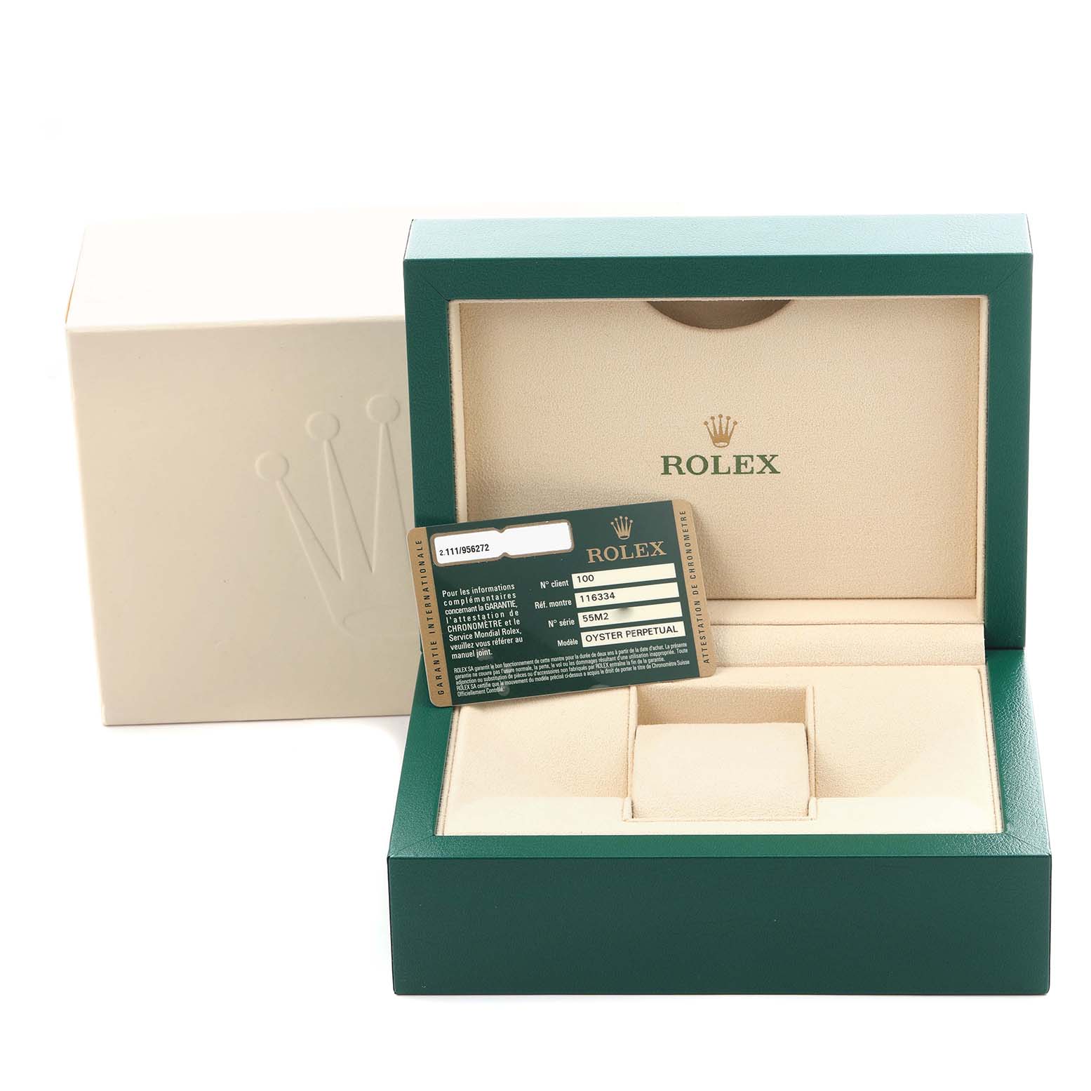 The image shows an opened green and beige Rolex watch box and card from the Datejust 41 model collection.
