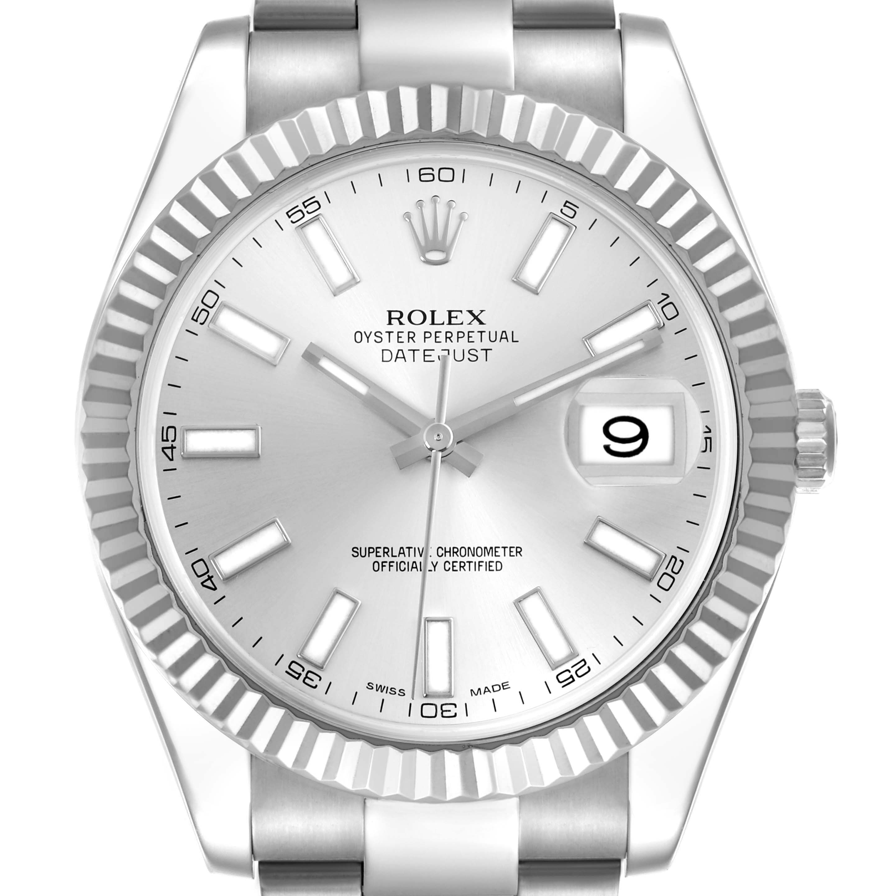 The Rolex Datejust 41 116334 Men's Stainless Steel Silver Dial 116334 Men's Stainless Steel Silver Dial is shown from a front angle, highlighting its silver dial, fluted bezel, and bracelet.