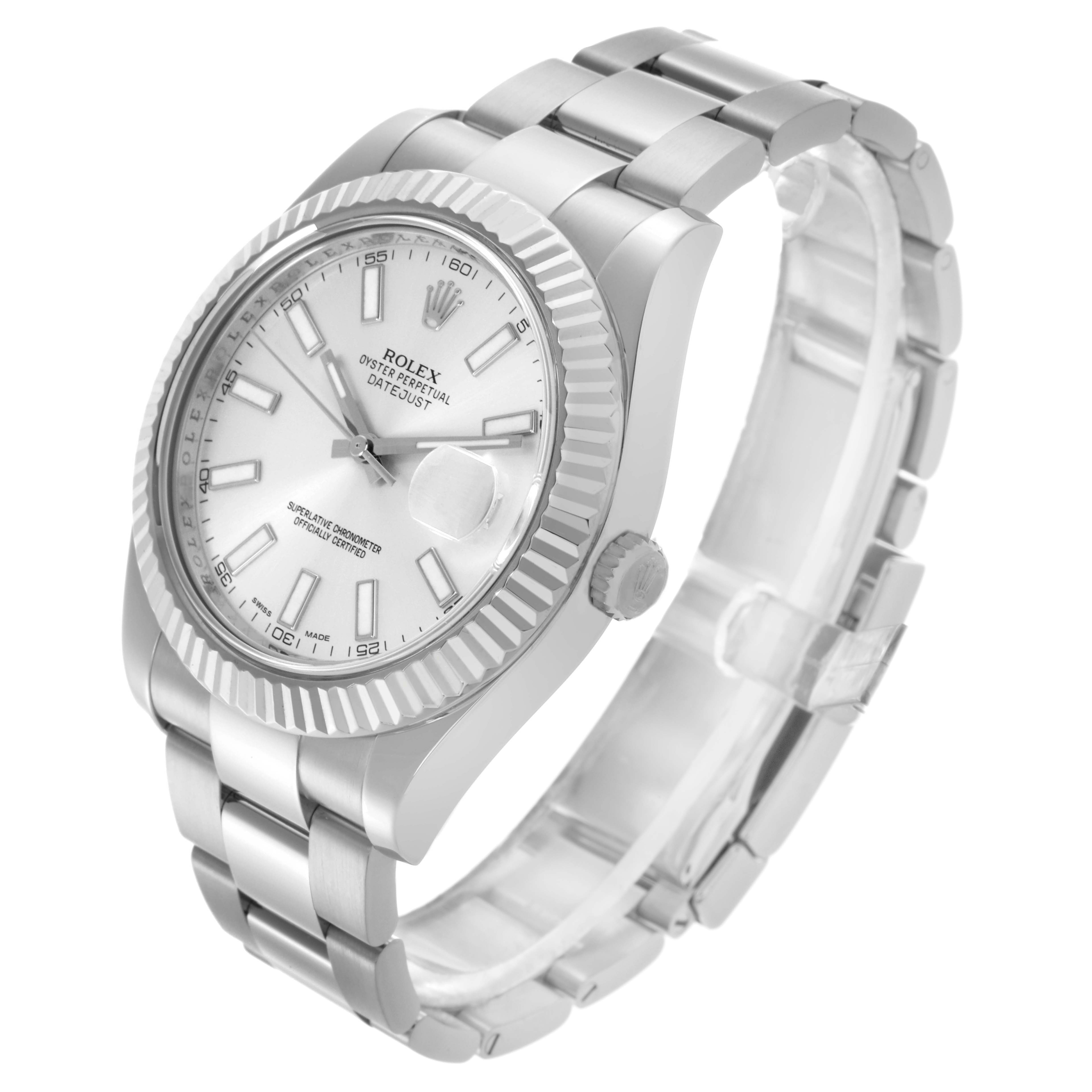 The Rolex Datejust 41 116334 Men's Stainless Steel Silver Dial 116334 Men's Stainless Steel Silver Dial is shown at a three-quarter angle, highlighting its bezel, dial, crown, and bracelet.
