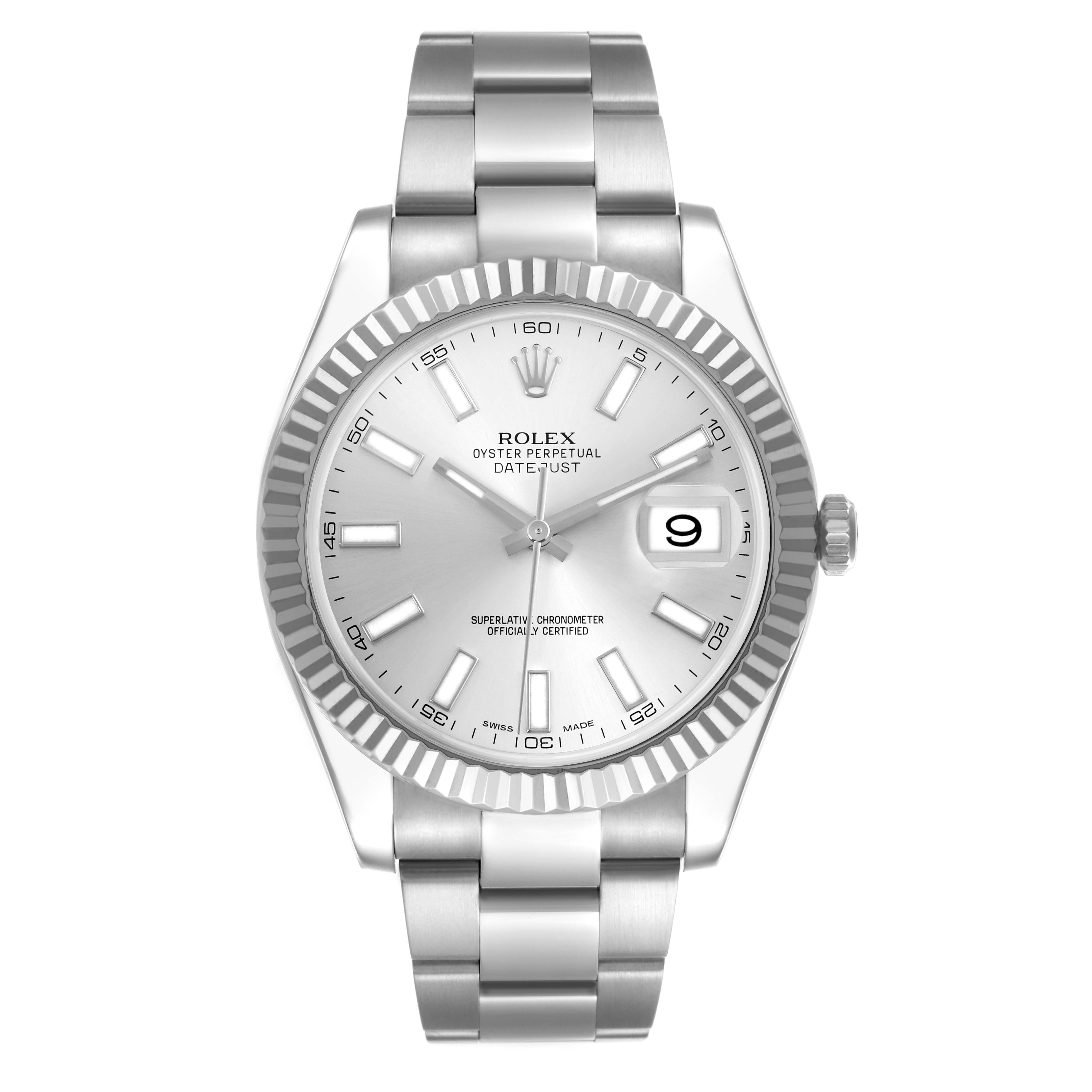 The Rolex Datejust 41 116334 Men's Stainless Steel Silver Dial 116334 Men's Stainless Steel Silver Dial is shown from the front, displaying its silver dial, fluted bezel, and Oyster bracelet.