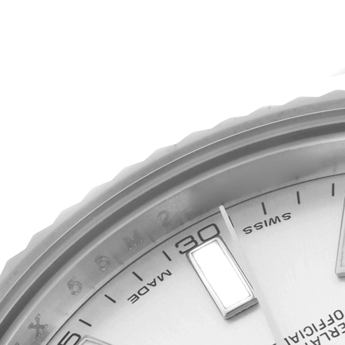 The image shows a close-up of the bezel, part of the dial, and indices of a Rolex Datejust 41 116334 Men's Stainless Steel Silver Dial 116334 Men's Stainless Steel Silver Dial watch.