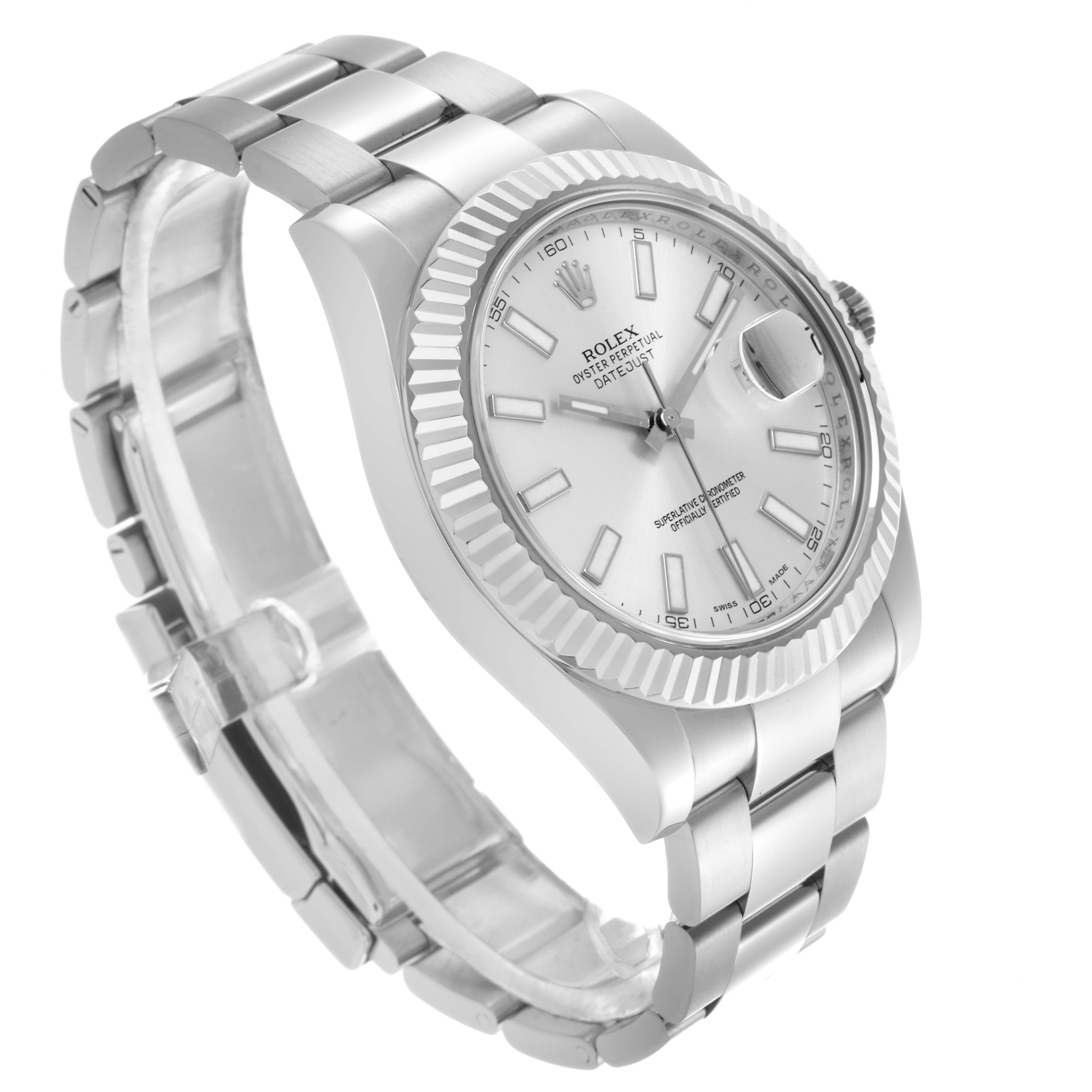 The Rolex Datejust 41 116334 Men's Stainless Steel Silver Dial 116334 Men's Stainless Steel Silver Dial is shown from a front angle, displaying the dial, fluted bezel, and bracelet.