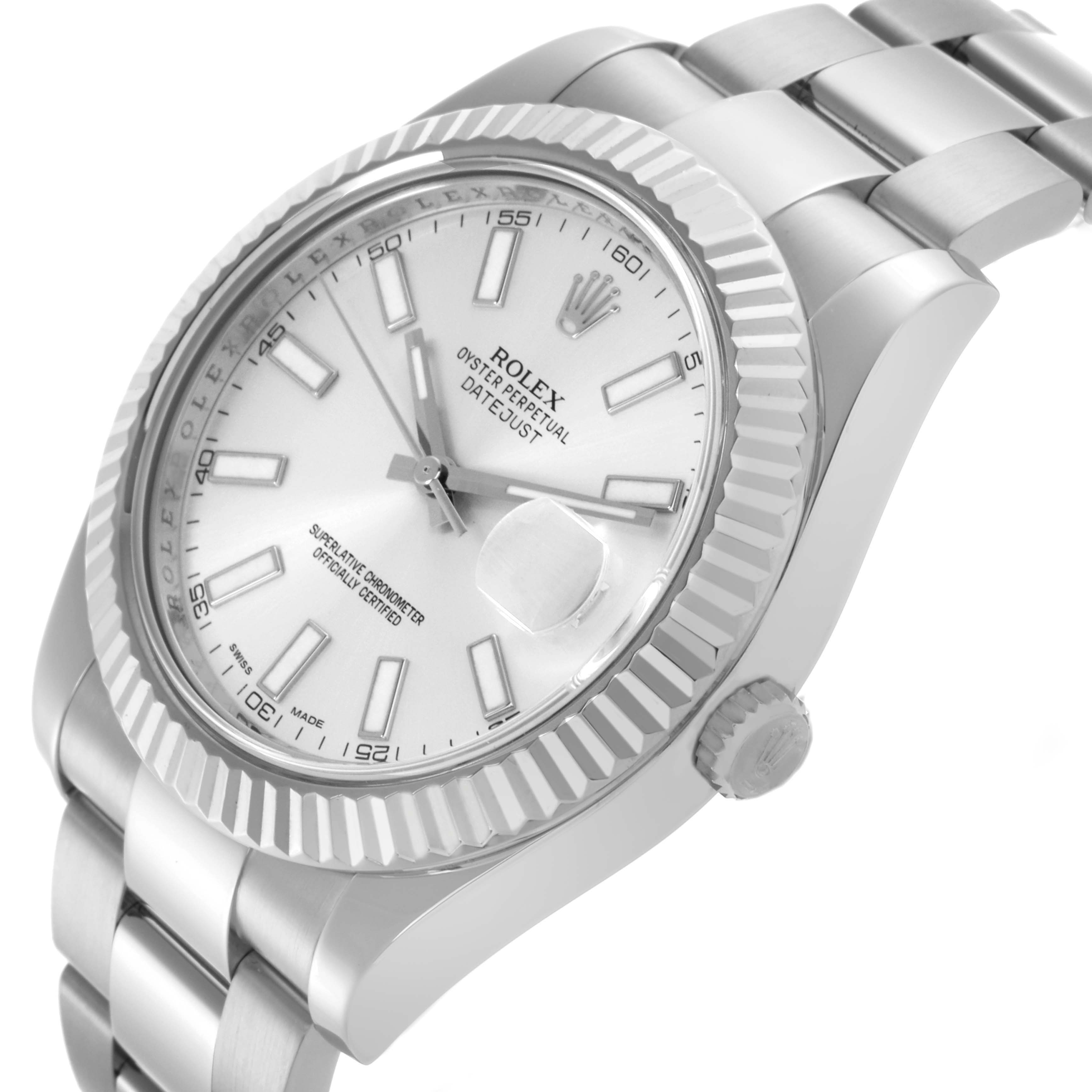 The Rolex Datejust 41 116334 Men's Stainless Steel Silver Dial 116334 Men's Stainless Steel Silver Dial is shown at an angled view, highlighting the dial, fluted bezel, and bracelet.
