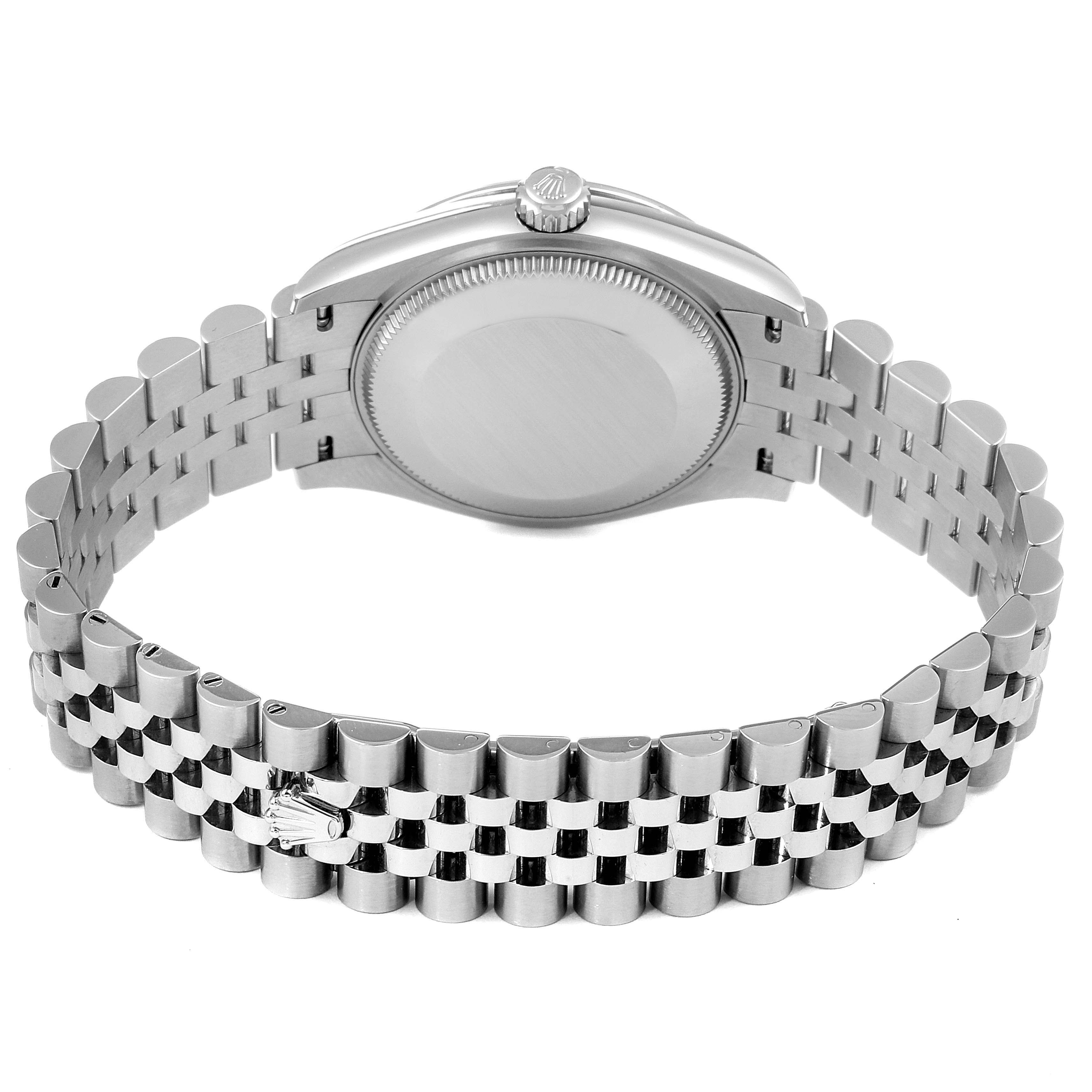The image shows the underside of a Rolex Mid-Size 278274 Women's Stainless Steel Grey Dial 278274 Women's Stainless Steel Grey Dial watch, highlighting the case back, Jubilee bracelet, and clasp.
