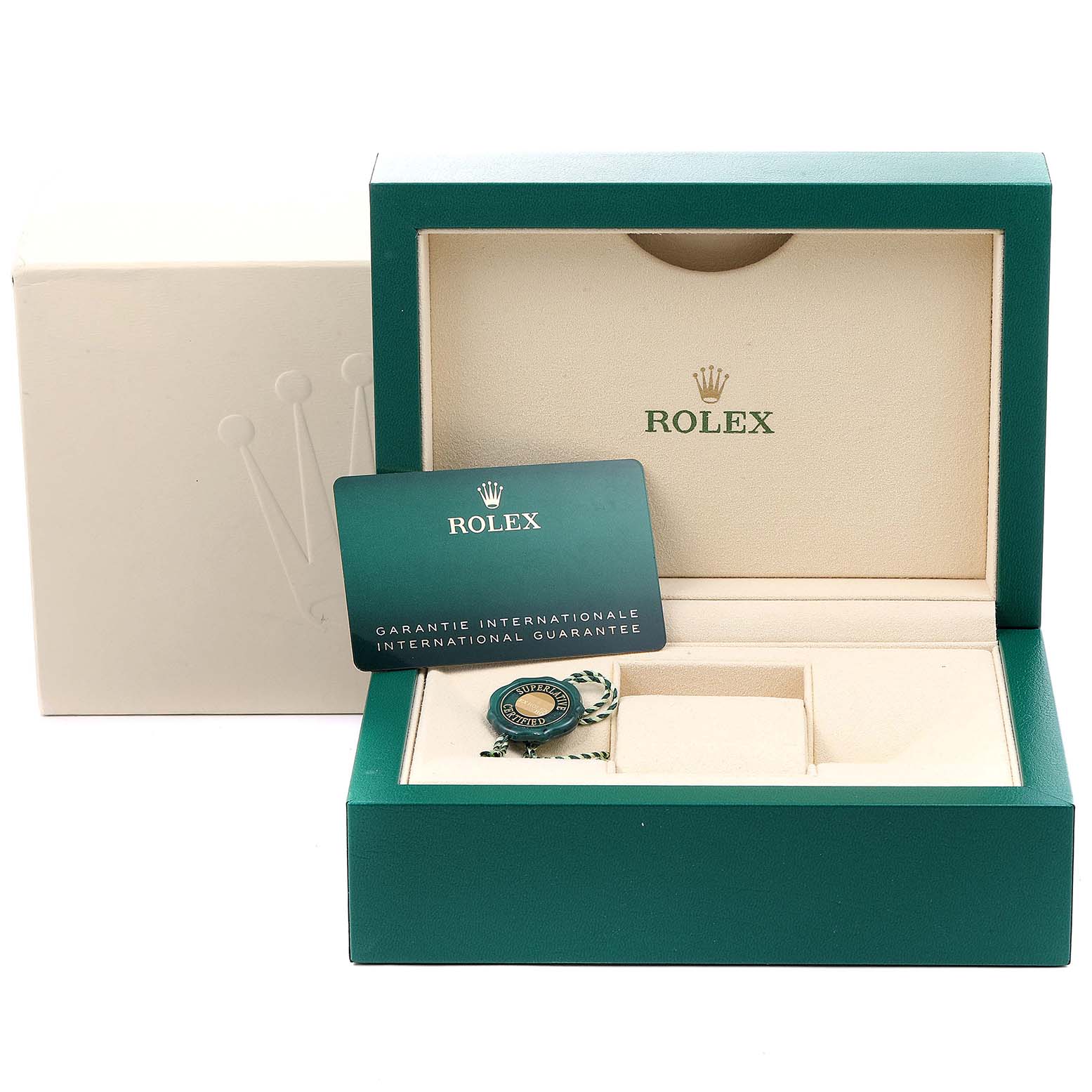The image shows an empty Rolex Mid-Size 278274 Women's Stainless Steel Grey Dial 278274 Women's Stainless Steel Grey Dial watch box with a guarantee card and a green tag.