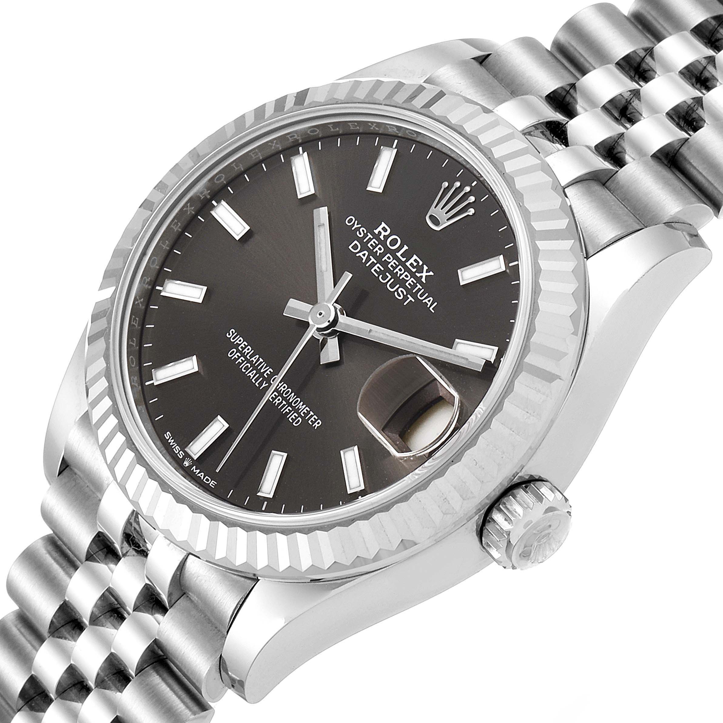 The image shows a close-up angle of a Rolex Mid-Size 278274 Women's Stainless Steel Grey Dial 278274 Women's Stainless Steel Grey Dial Oyster Perpetual Datejust watch, highlighting its dial, bezel, and bracelet.