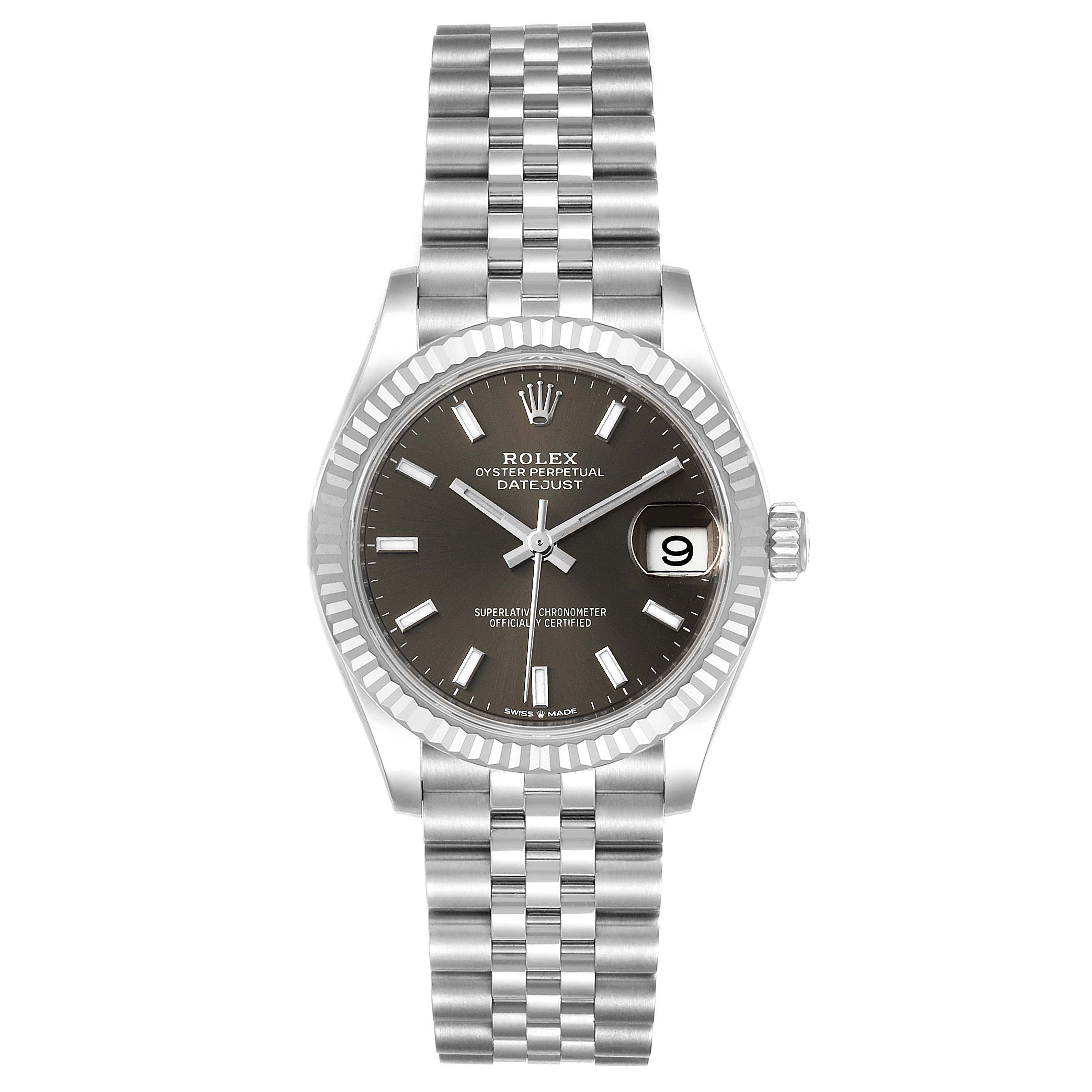 The image shows a frontal view of the Rolex Mid-Size 278274 Women's Stainless Steel Grey Dial 278274 Women's Stainless Steel Grey Dial Datejust, featuring the face, fluted bezel, and metal Jubilee bracelet.