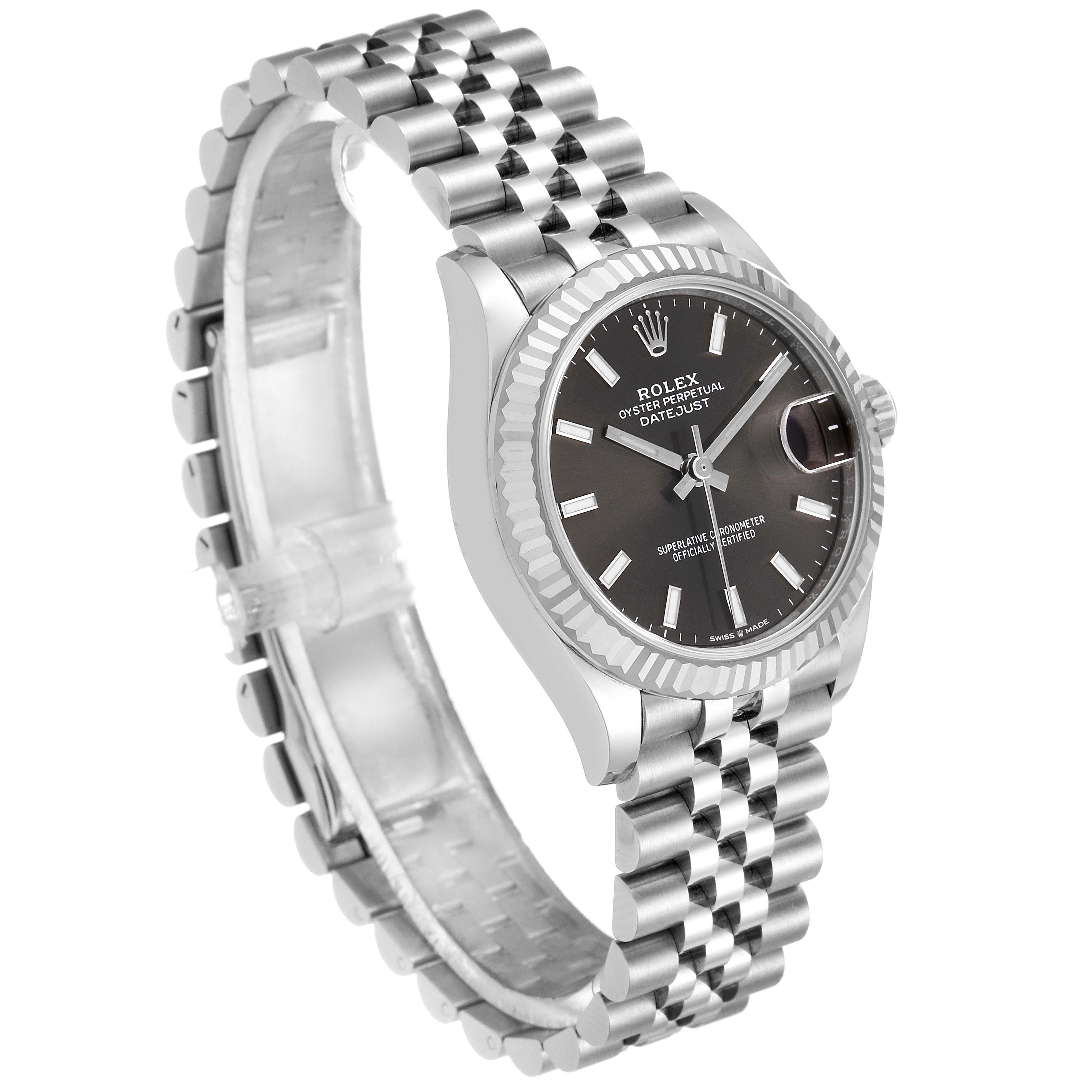 The Rolex Mid-Size 278274 Women's Stainless Steel Grey Dial 278274 Women's Stainless Steel Grey Dial watch is shown from an oblique angle, highlighting the dial, bezel, and bracelet.