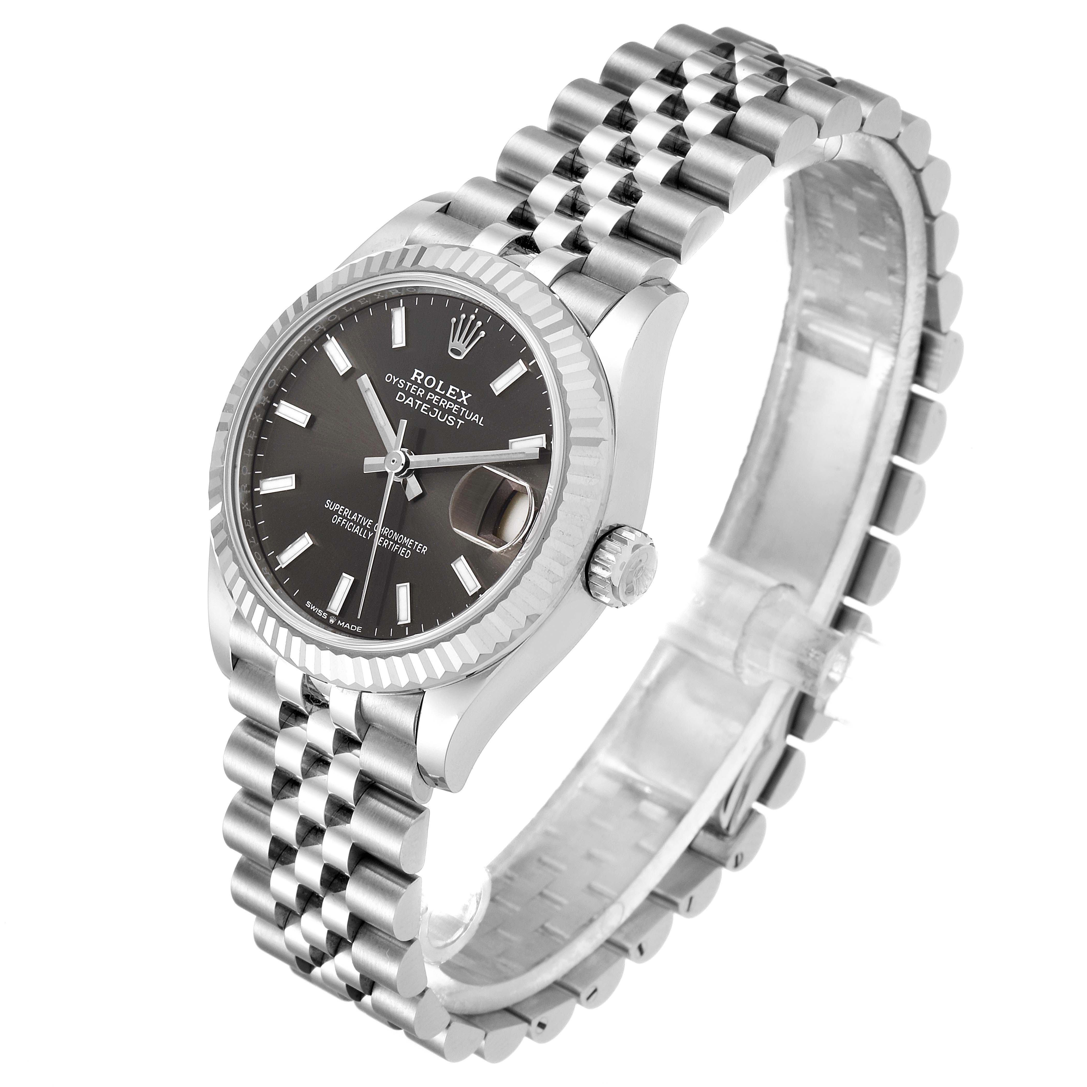 This image shows a Rolex Mid-Size 278274 Women's Stainless Steel Grey Dial 278274 Women's Stainless Steel Grey Dial watch from an angled front view, displaying the face, bezel, crown, and bracelet.