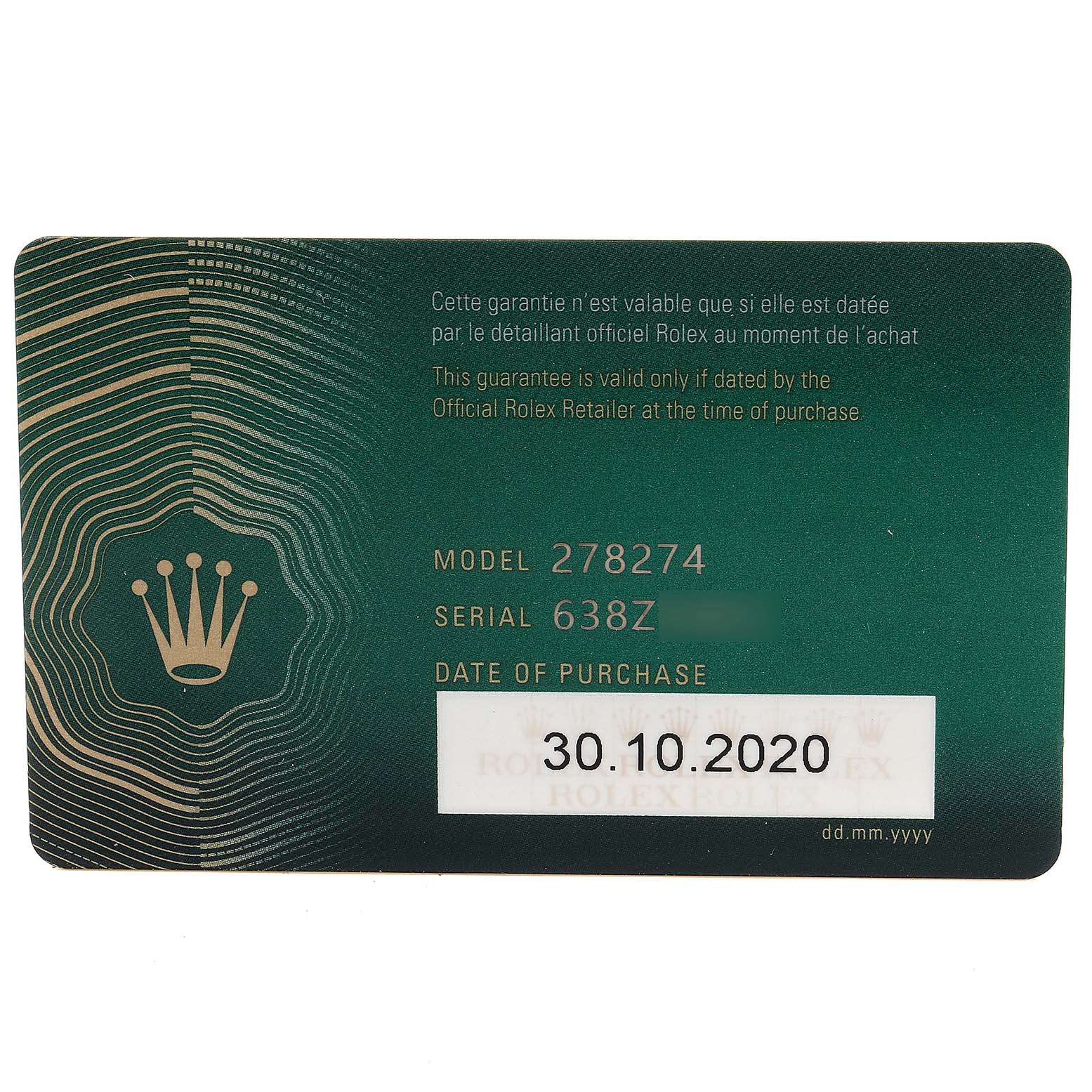 The image shows the front of a Rolex warranty card for the Mid-Size Model 278274, including the serial number and purchase date.