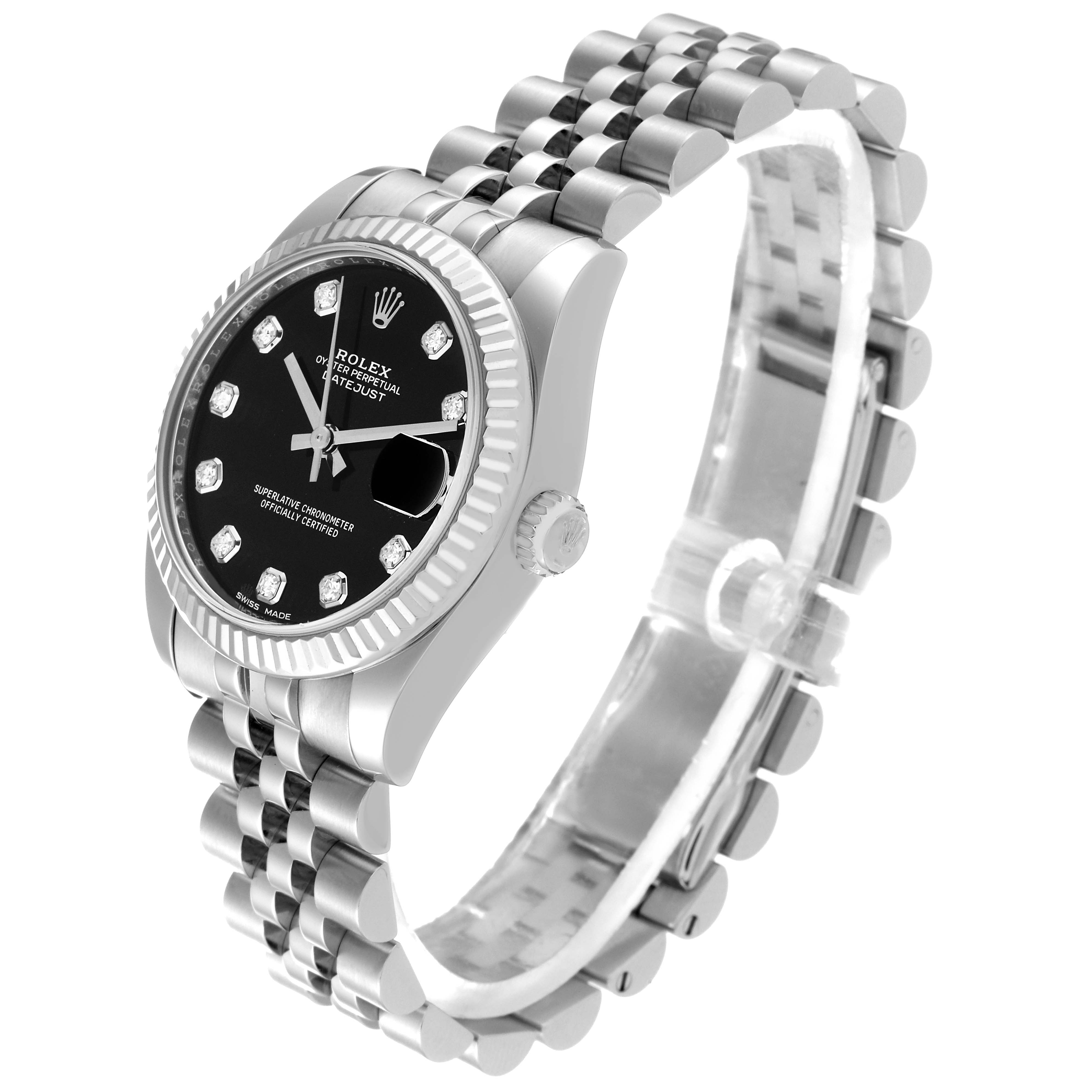 This image shows a Rolex Mid-Size 178274 Women's Stainless Steel Black Dial 178274 Women's Stainless Steel Black Dial model with a black dial, fluted bezel, and Jubilee bracelet from an angled side view.