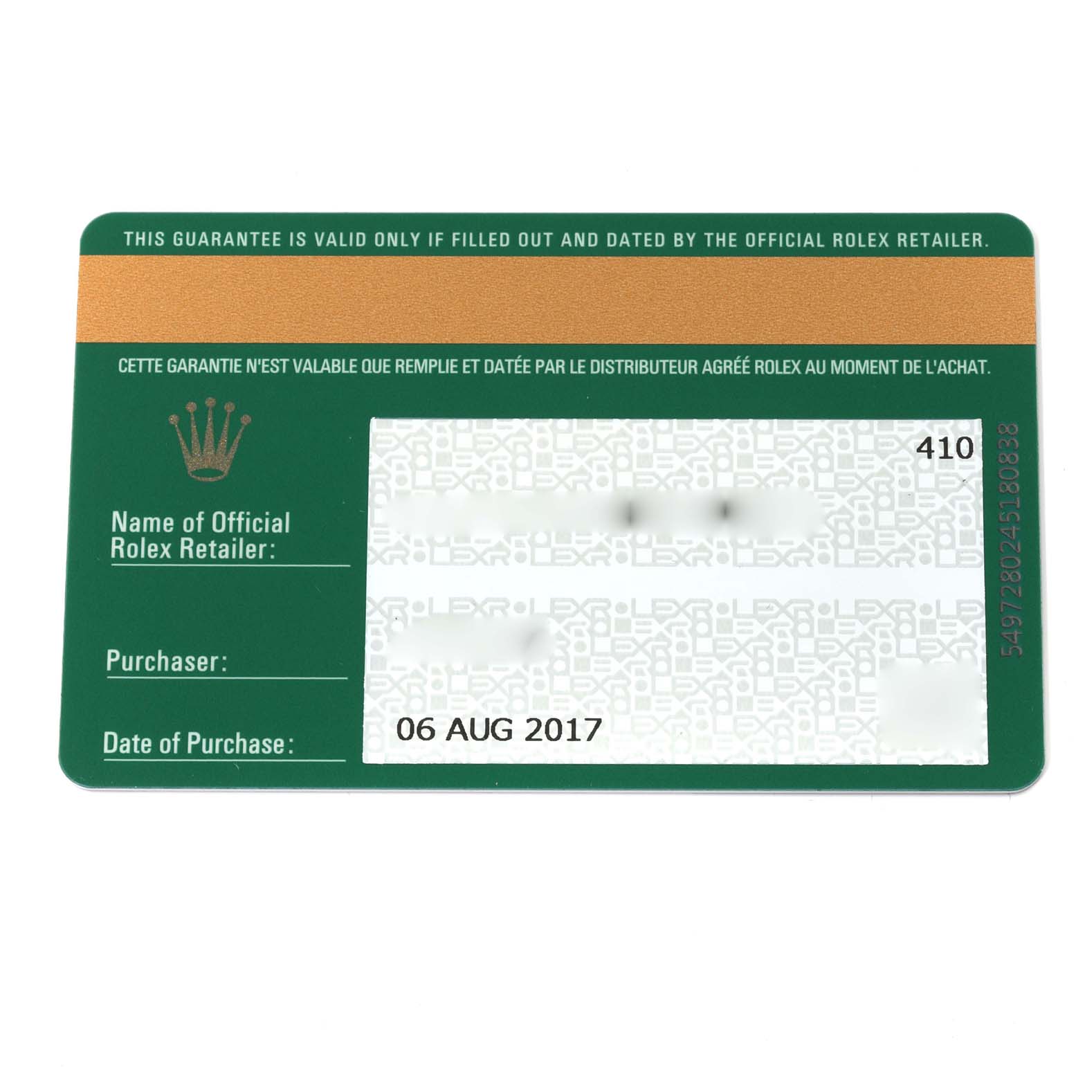 The image shows the official guarantee card for a Mid-Size Rolex watch, displaying the brand's logo and purchase details.