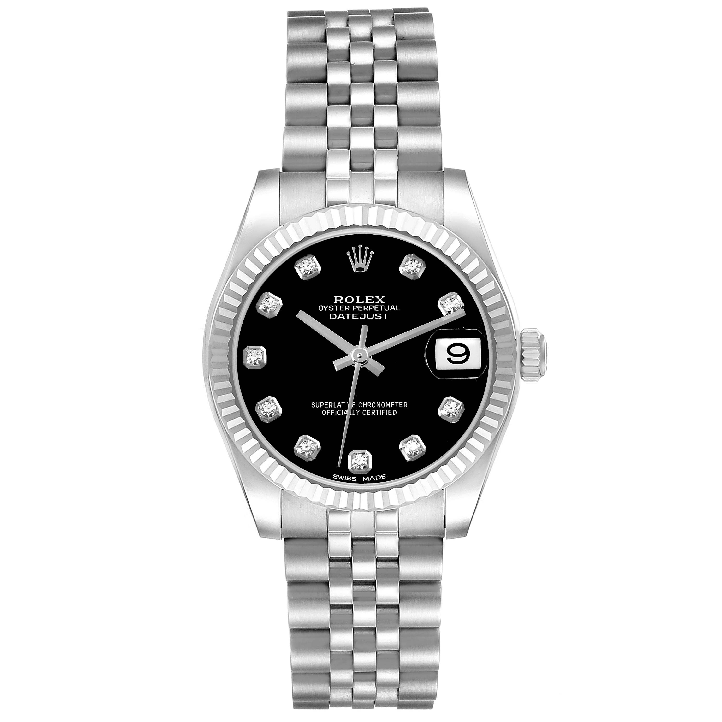 The Rolex Mid-Size 178274 Women's Stainless Steel Black Dial 178274 Women's Stainless Steel Black Dial Datejust watch is shown from a straight-on angle, highlighting its black dial, fluted bezel, and Jubilee bracelet.