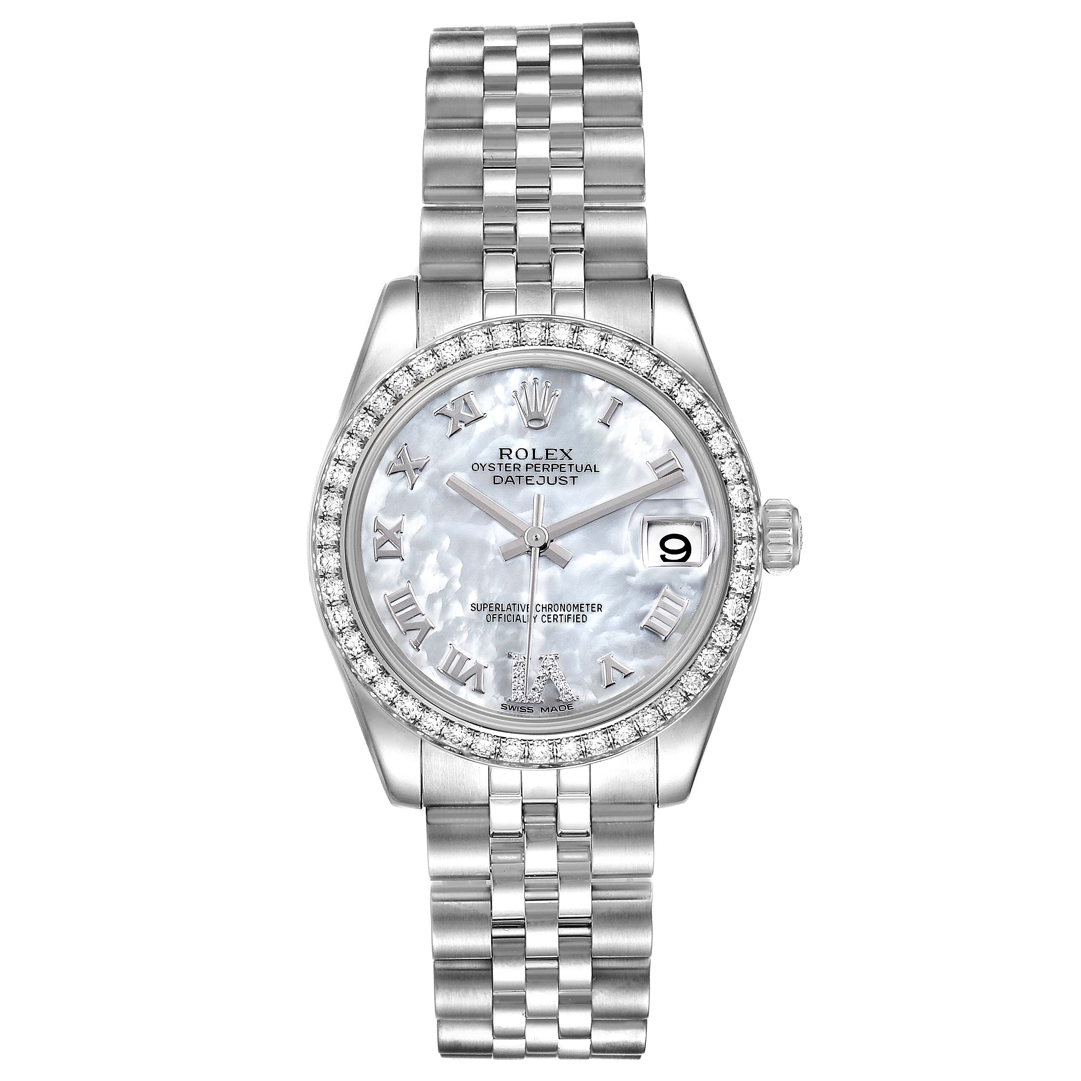 The image shows a front view of a Rolex Mid-Size 178384 Women
s Stainless Steel Mother of Pearl Dial 178384 Women
s Stainless Steel Mother of Pearl Dial Datejust watch, featuring a silver bracelet and a mother-of-pearl dial with a date window.
