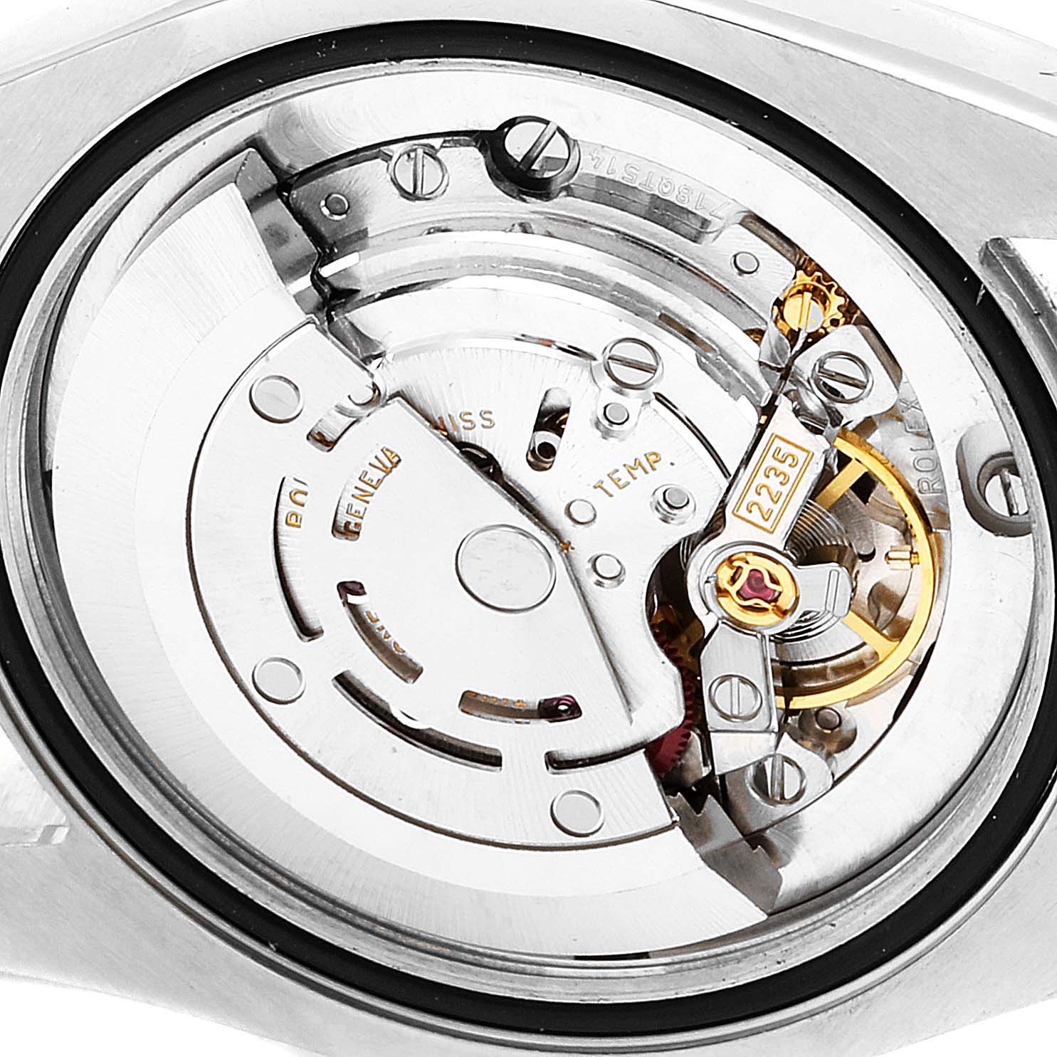 This is a close-up view of the movement mechanism inside a Rolex Mid-Size 178384 Women
s Stainless Steel Mother of Pearl Dial 178384 Women
s Stainless Steel Mother of Pearl Dial model watch.