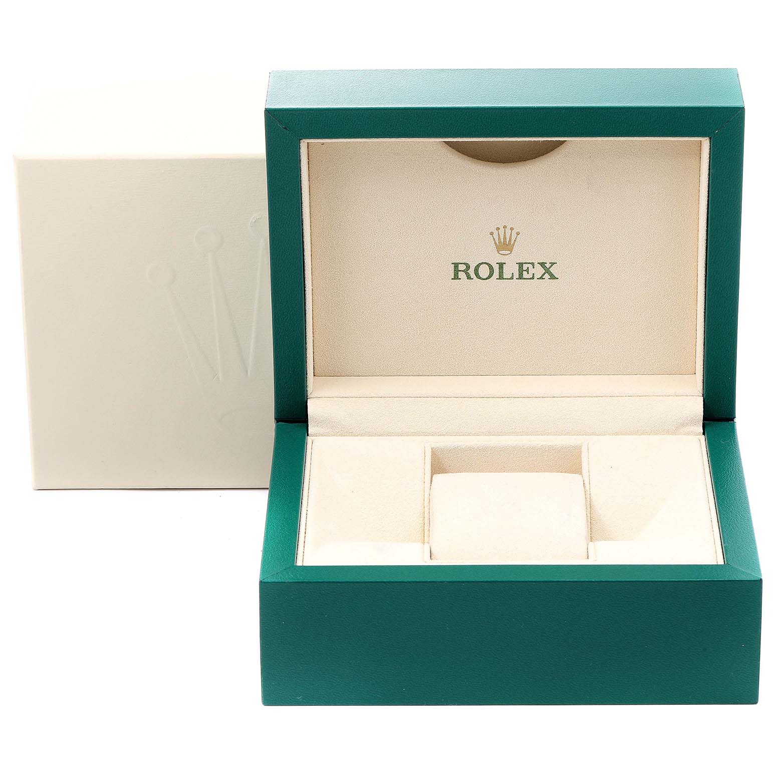 This image shows an open Rolex Mid-Size 178384 Women
s Stainless Steel Mother of Pearl Dial 178384 Women
s Stainless Steel Mother of Pearl Dial watch box with a separate outer cover.