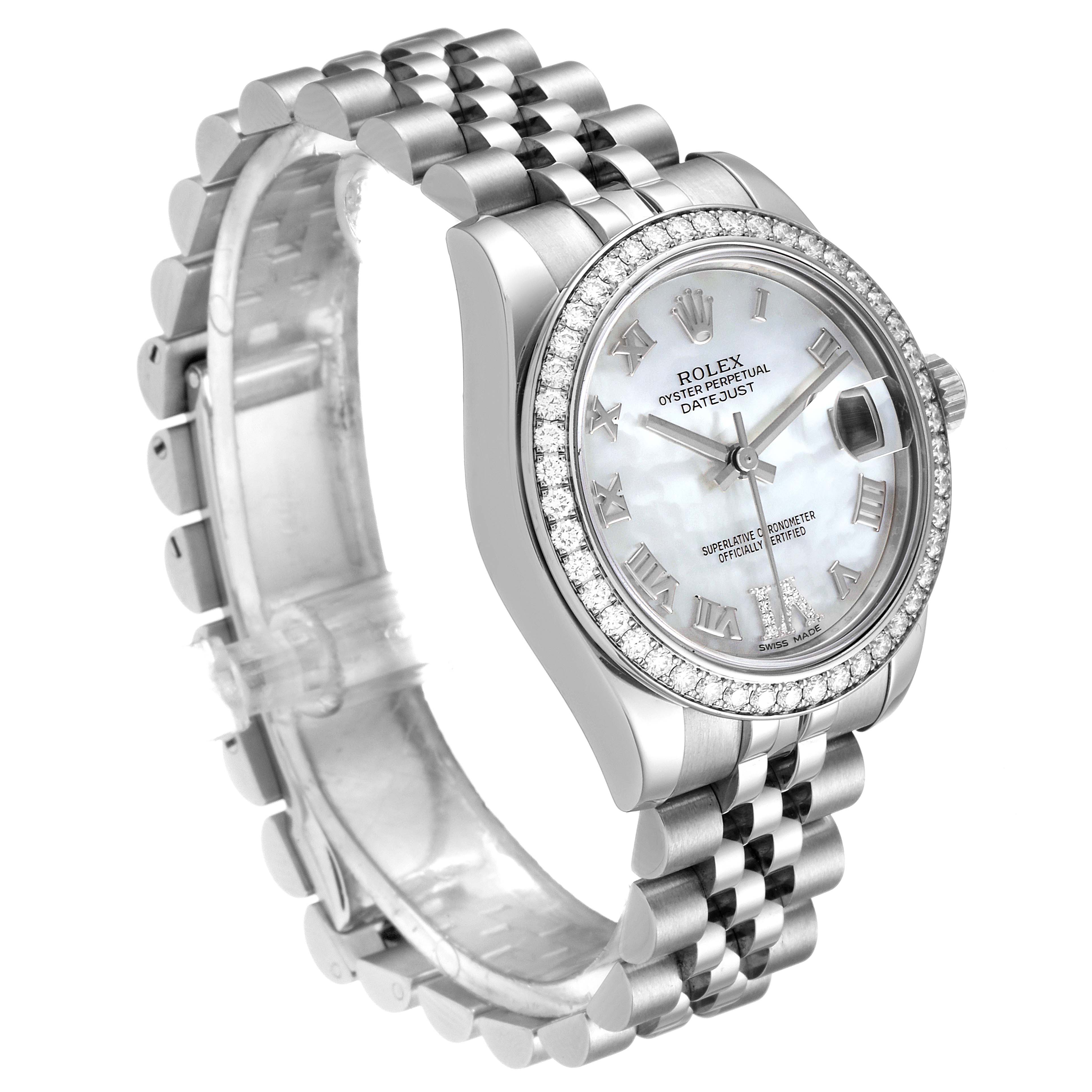 The image shows a side-angle view of a Rolex Mid-Size 178384 Women
s Stainless Steel Mother of Pearl Dial 178384 Women
s Stainless Steel Mother of Pearl Dial Oyster Perpetual Datejust watch, highlighting the bracelet, case, and dial.