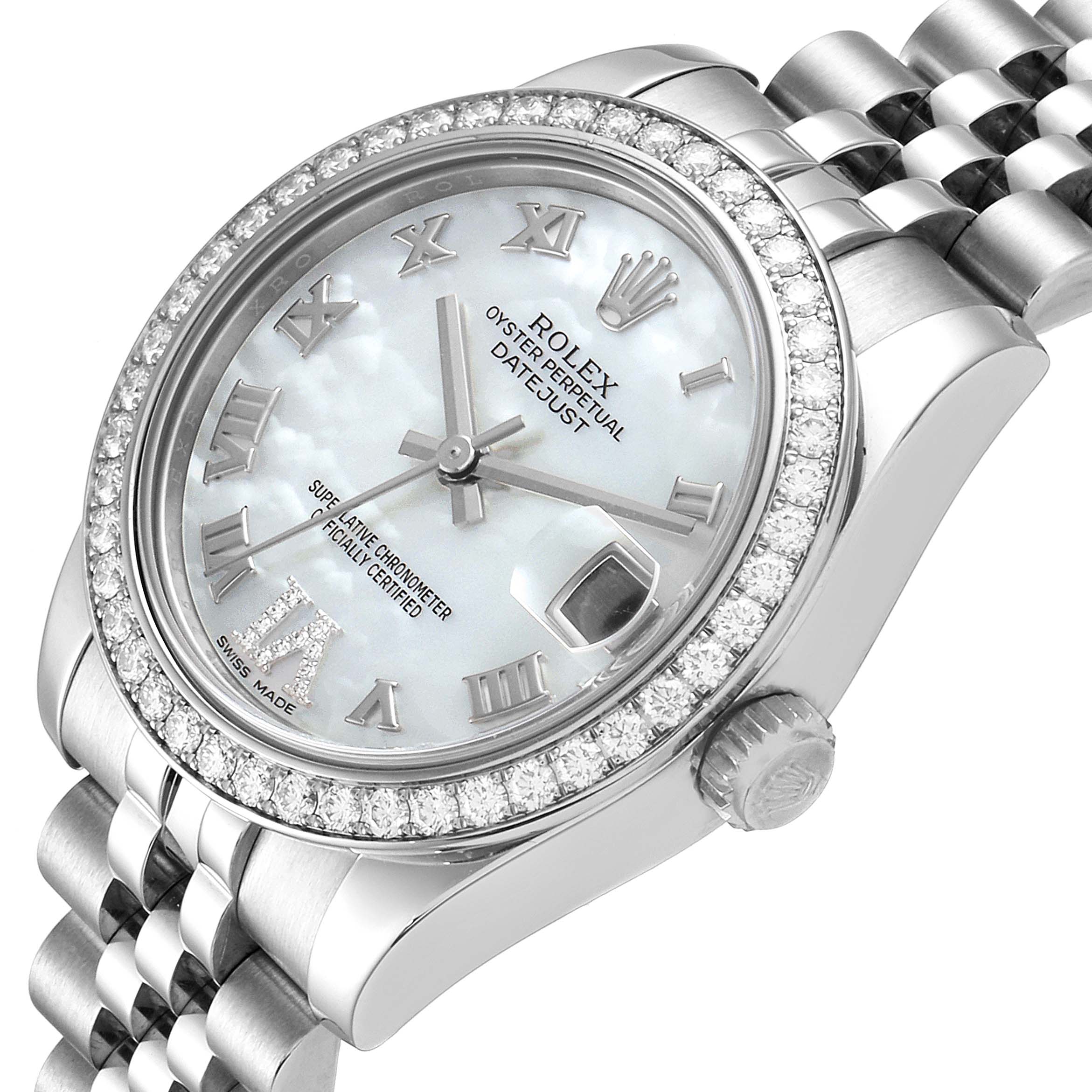 This is a close-up angled view of the Rolex Mid-Size 178384 Women
s Stainless Steel Mother of Pearl Dial 178384 Women
s Stainless Steel Mother of Pearl Dial Datejust watch, showing the face, bezel, crown, and part of the bracelet.