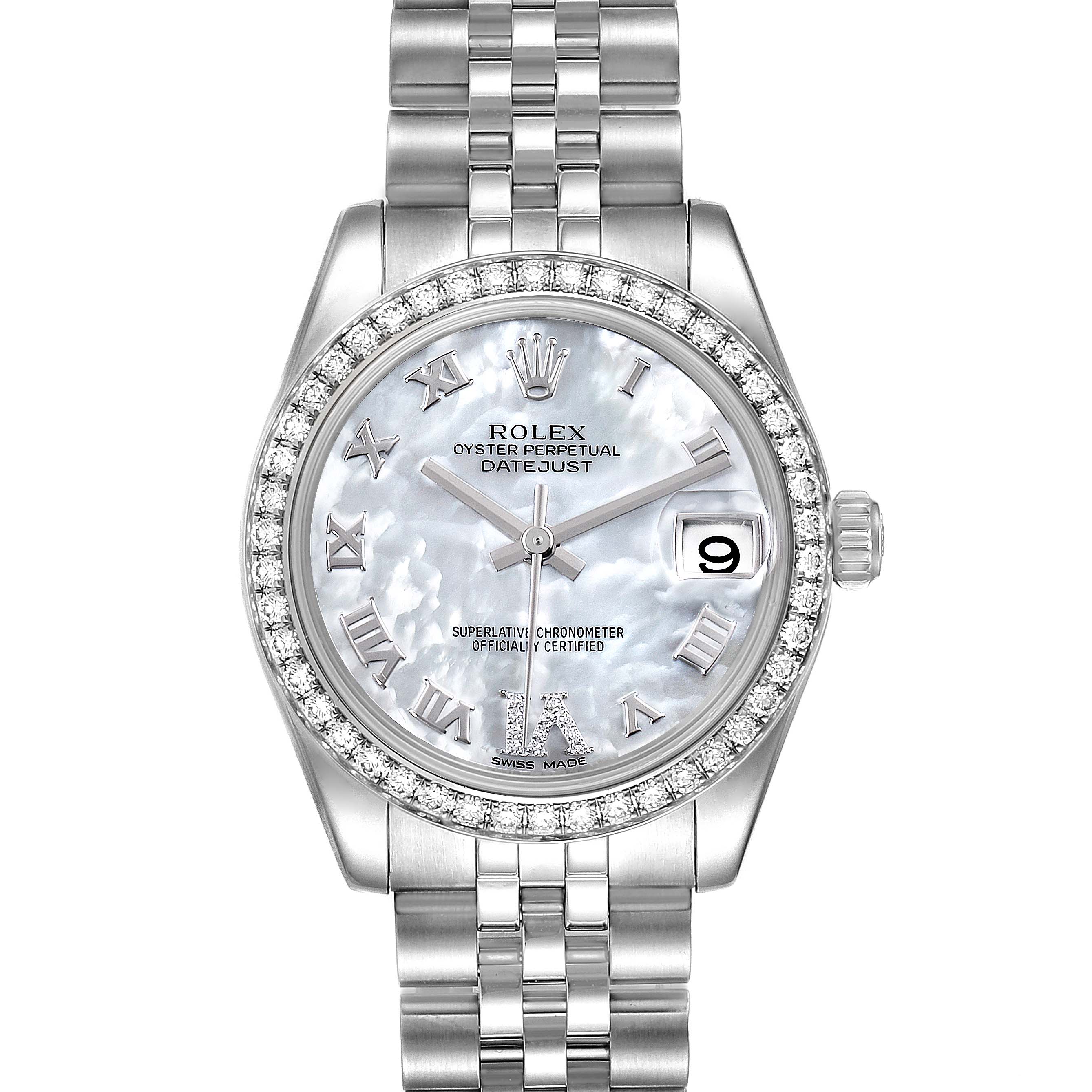 The Rolex Mid-Size 178384 Women
s Stainless Steel Mother of Pearl Dial 178384 Women
s Stainless Steel Mother of Pearl Dial watch is shown from a front angle, featuring its dial, bezel, and a portion of its bracelet.