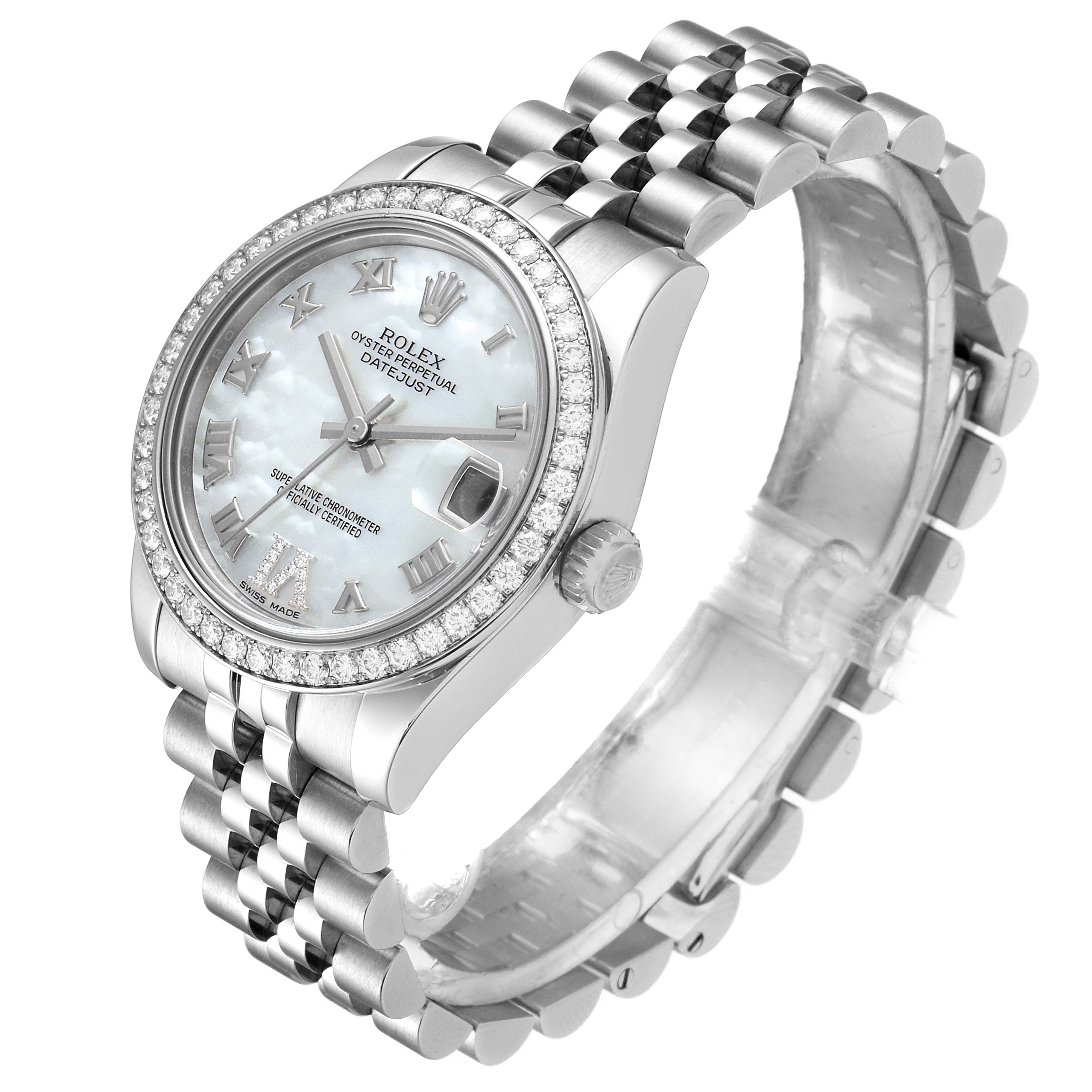 The image shows a mid-size Rolex Datejust watch, featuring the face, bezel, crown, and bracelet at a three-quarter angle.