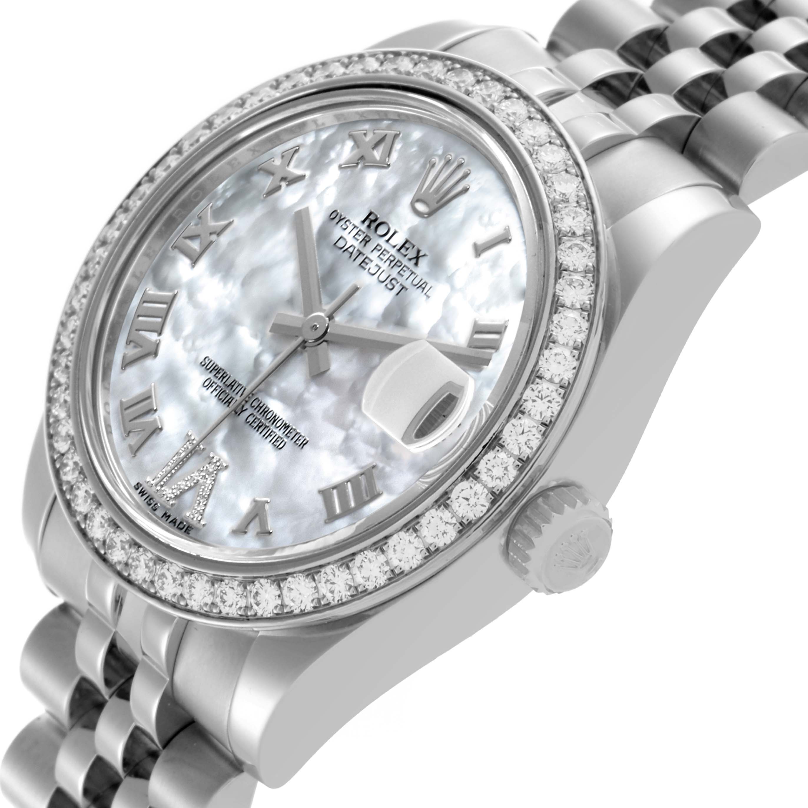 The Rolex Mid-Size 178384 Women's Stainless Steel Mother of Pearl Dial 178384 Women's Stainless Steel Mother of Pearl Dial watch is shown at an angled view, displaying the face, bezel, crown, and part of the bracelet.