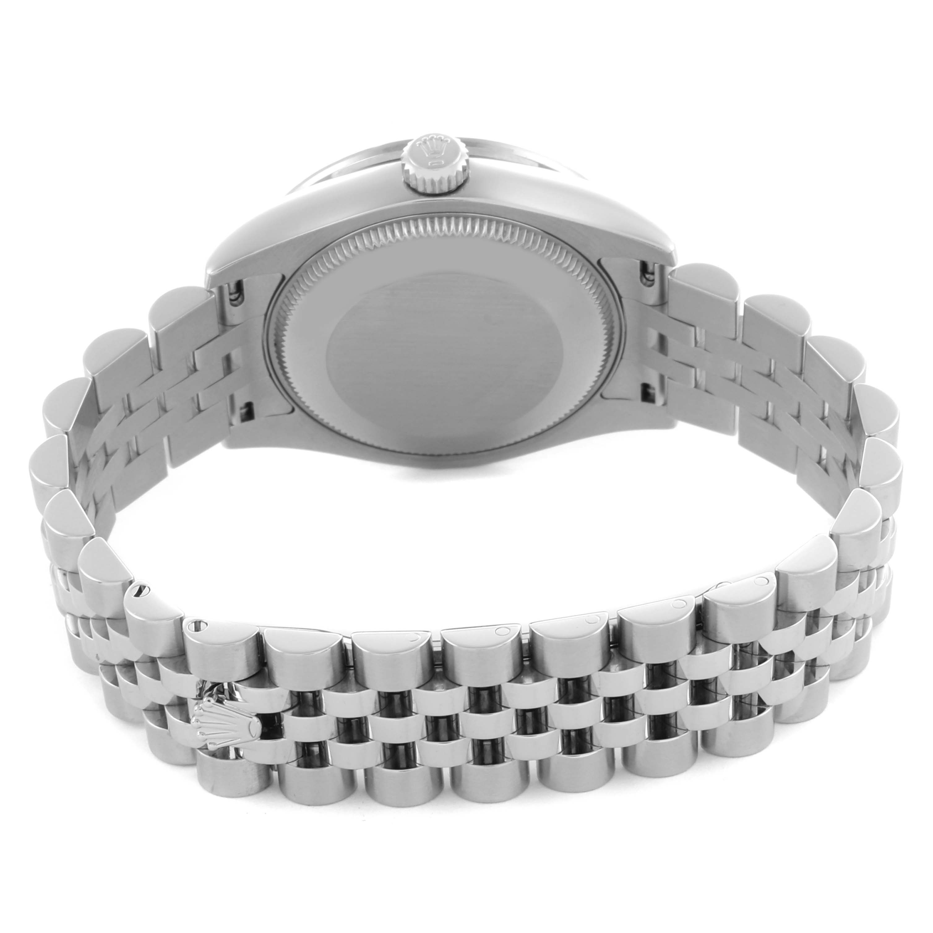 The image shows the back view of a Rolex Mid-Size 178384 Women's Stainless Steel Mother of Pearl Dial 178384 Women's Stainless Steel Mother of Pearl Dial model, highlighting the case back, bracelet, and clasp.