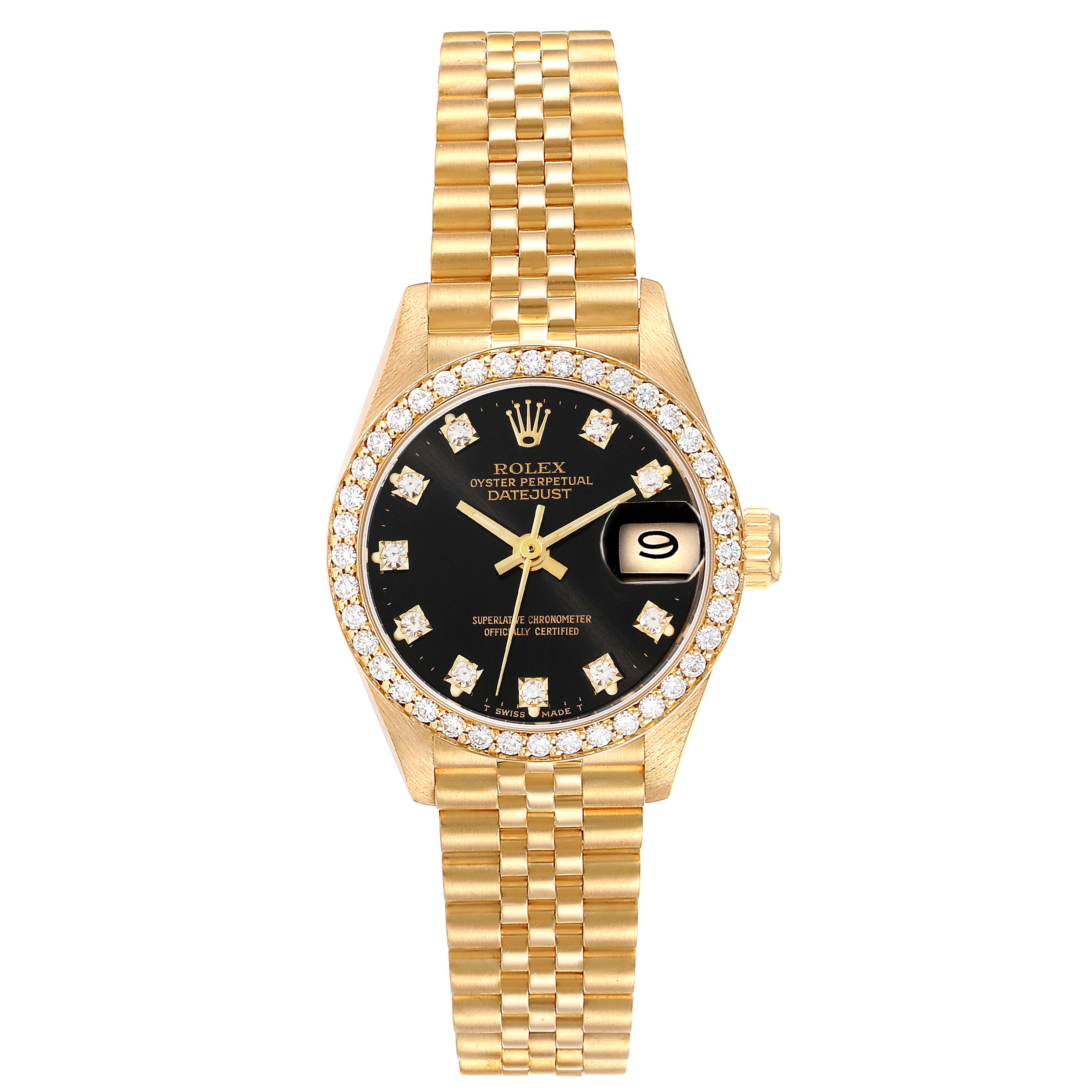 The image shows a Rolex President 69138 Women's Yellow Gold Black Dial 69138 Women's Yellow Gold Black Dial model watch front view, highlighting the dial, bezel with diamonds, and bracelet.