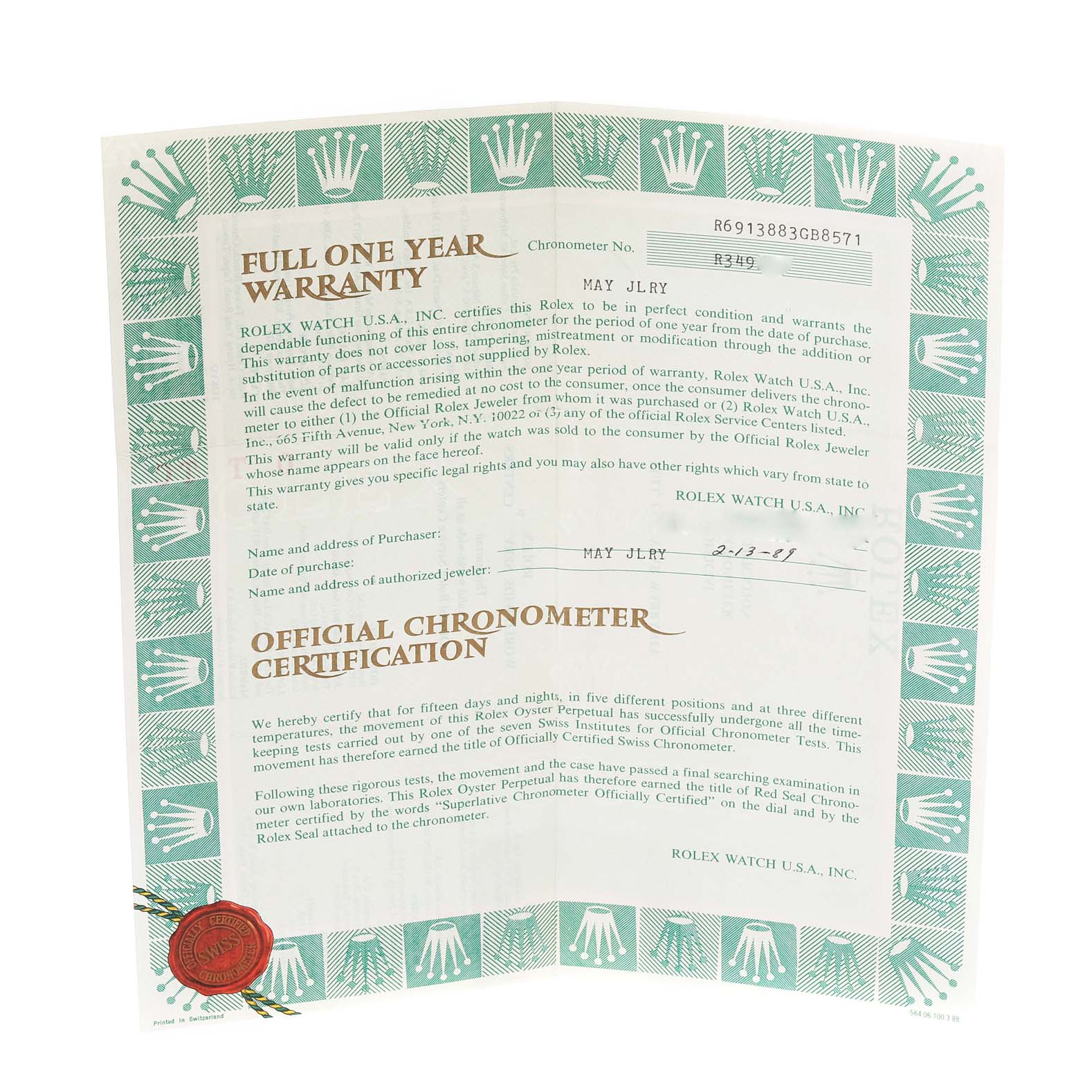 This is a warranty and official chronometer certification document for the Rolex President 69138 Women's Yellow Gold Black Dial 69138 Women's Yellow Gold Black Dial model watch.