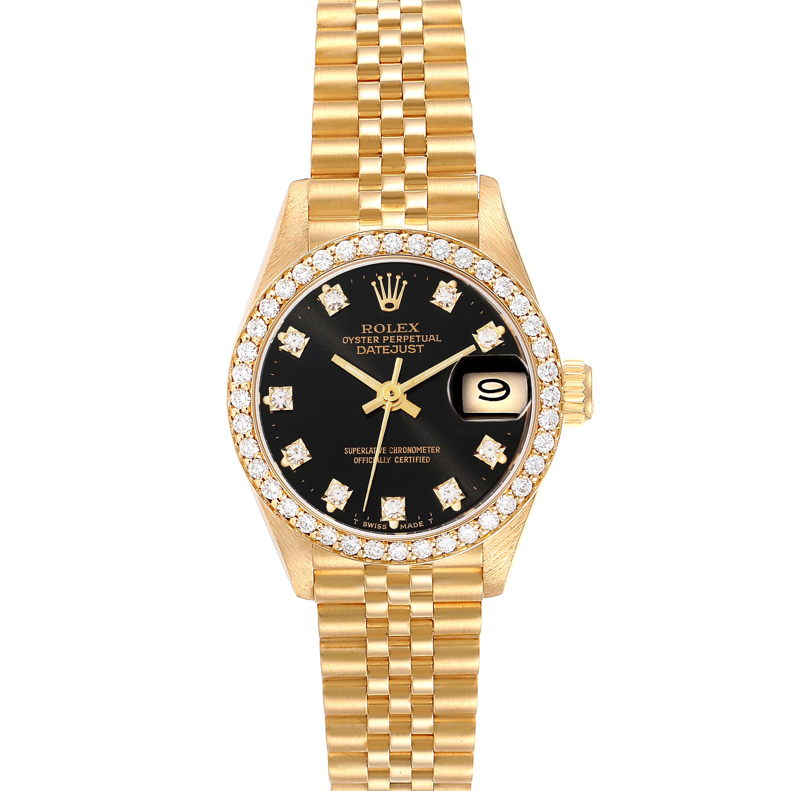 The image shows the front view of a Rolex President 69138 Women's Yellow Gold Black Dial 69138 Women's Yellow Gold Black Dial model watch, highlighting its bezel, black dial, and gold bracelet.