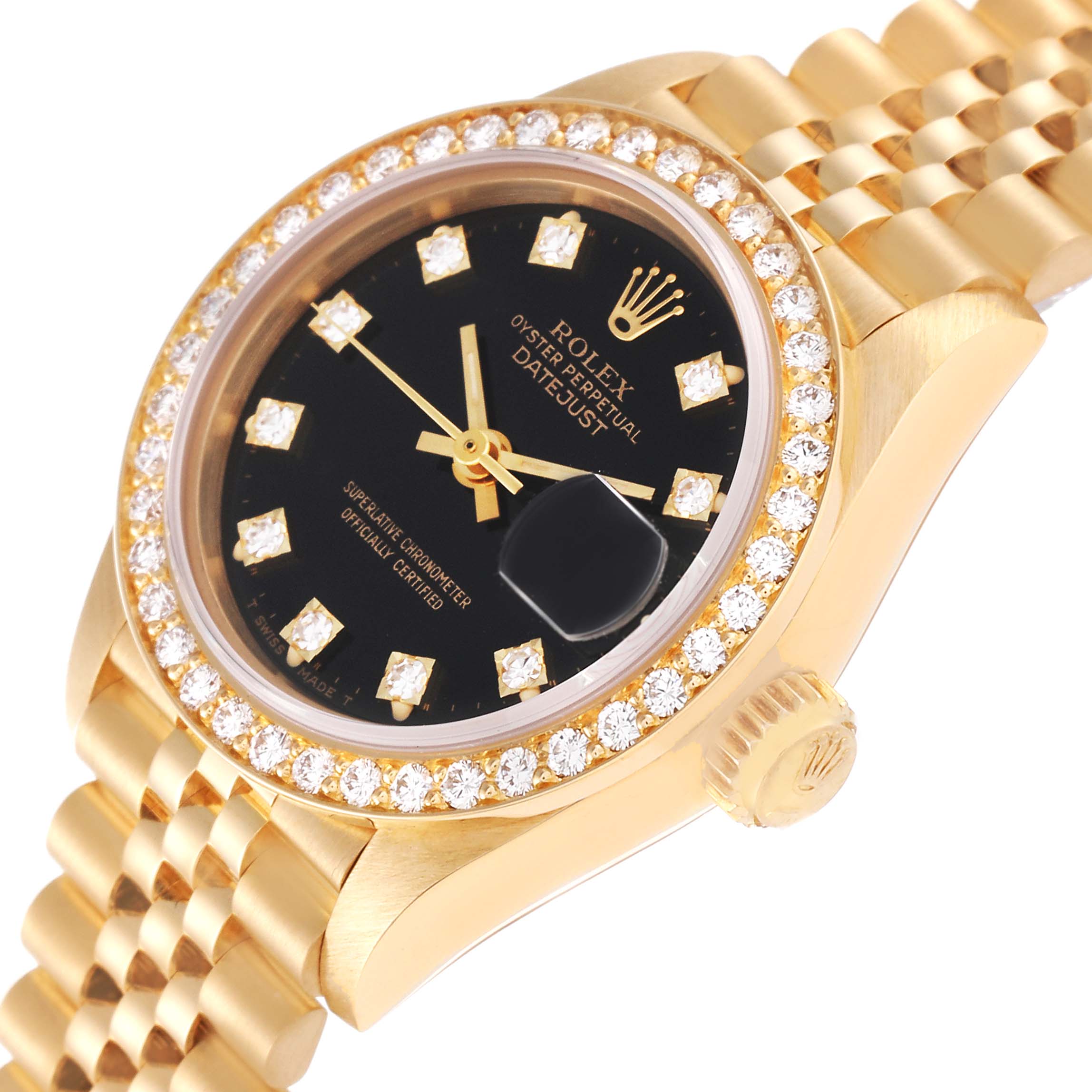 The image shows a close-up angled view of the Rolex President 69138 Women's Yellow Gold Black Dial 69138 Women's Yellow Gold Black Dial model watch, highlighting its face, bezel, and bracelet.
